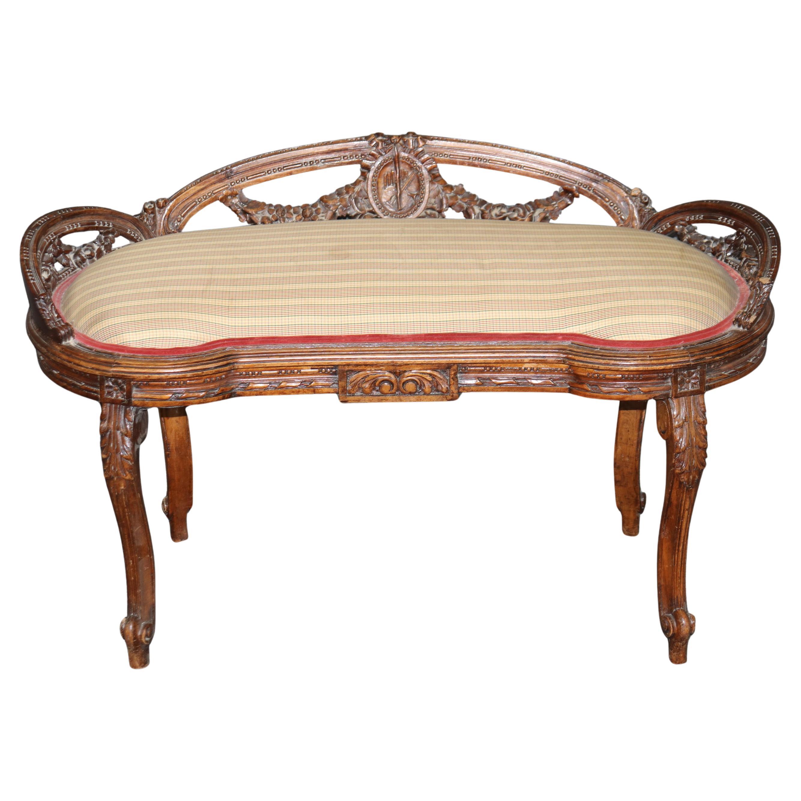 Napoleanic French Carved Walnut Louis XV Style Window Boudoir Bench Circa 1920