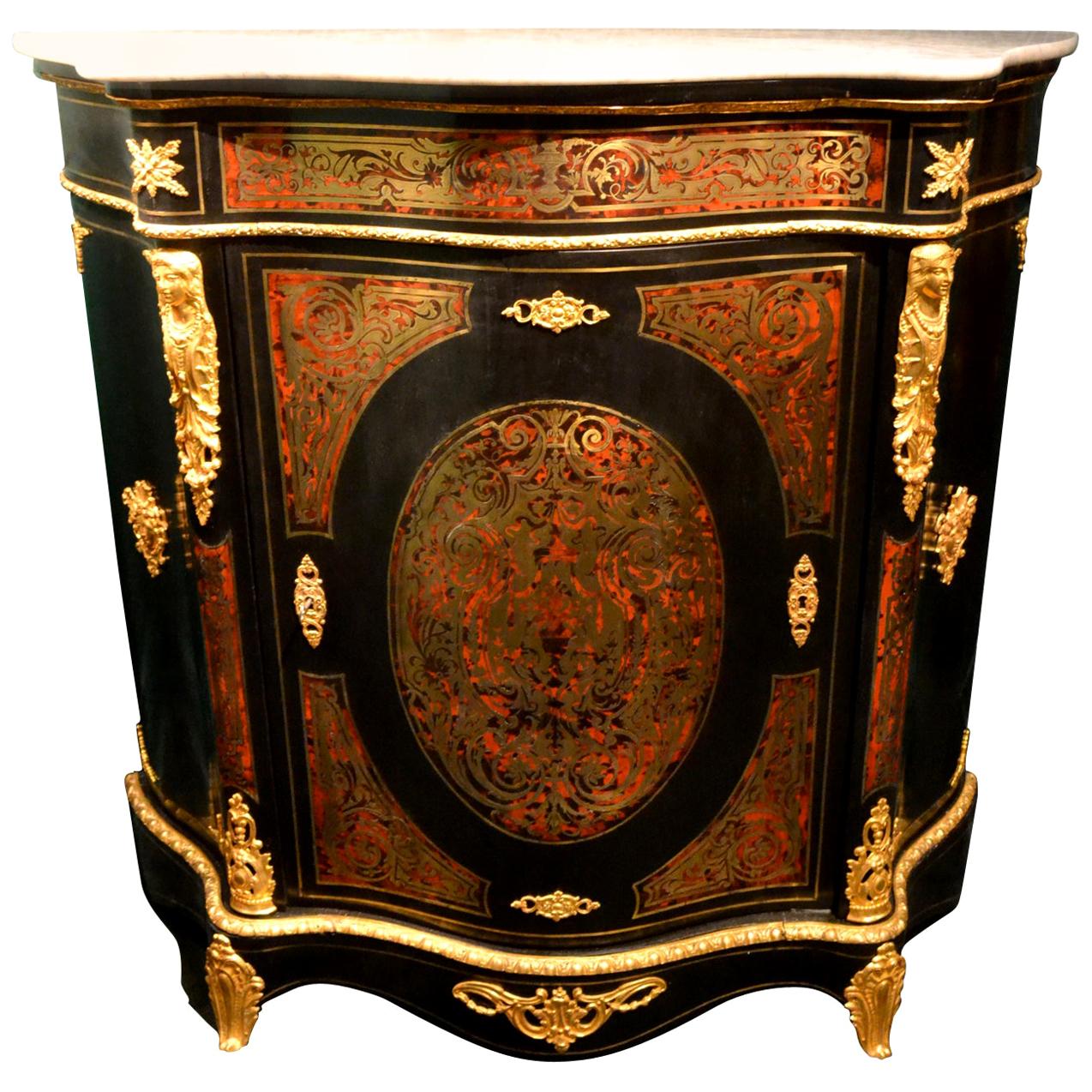 Napoleon III Serpentine Form Boulle, Gilt Bronze and Ebonized Wood Cabinet