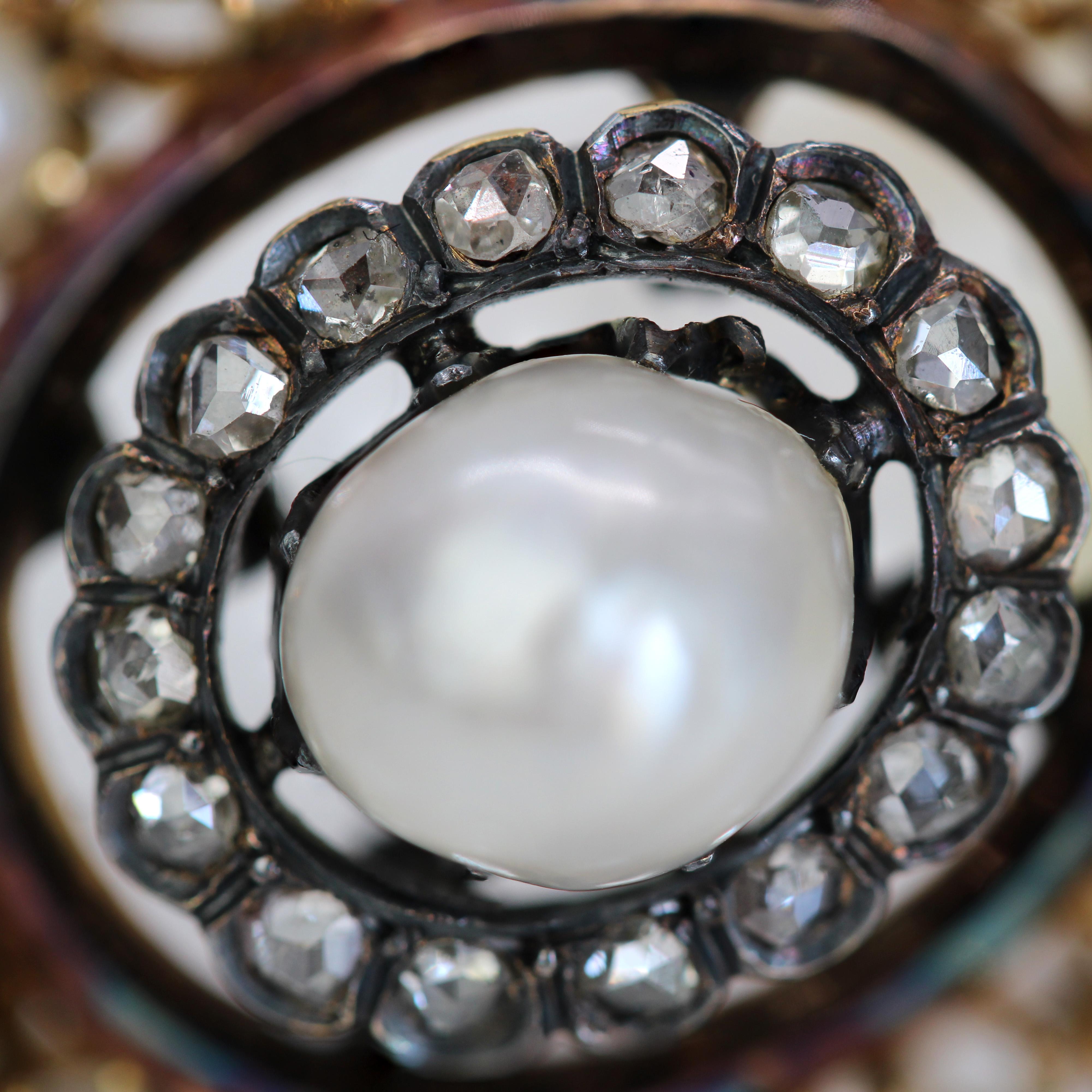 Napoleon 3 Diamonds Fine Pearls 18 Karat Yellow Gold Silver Brooch For Sale 9