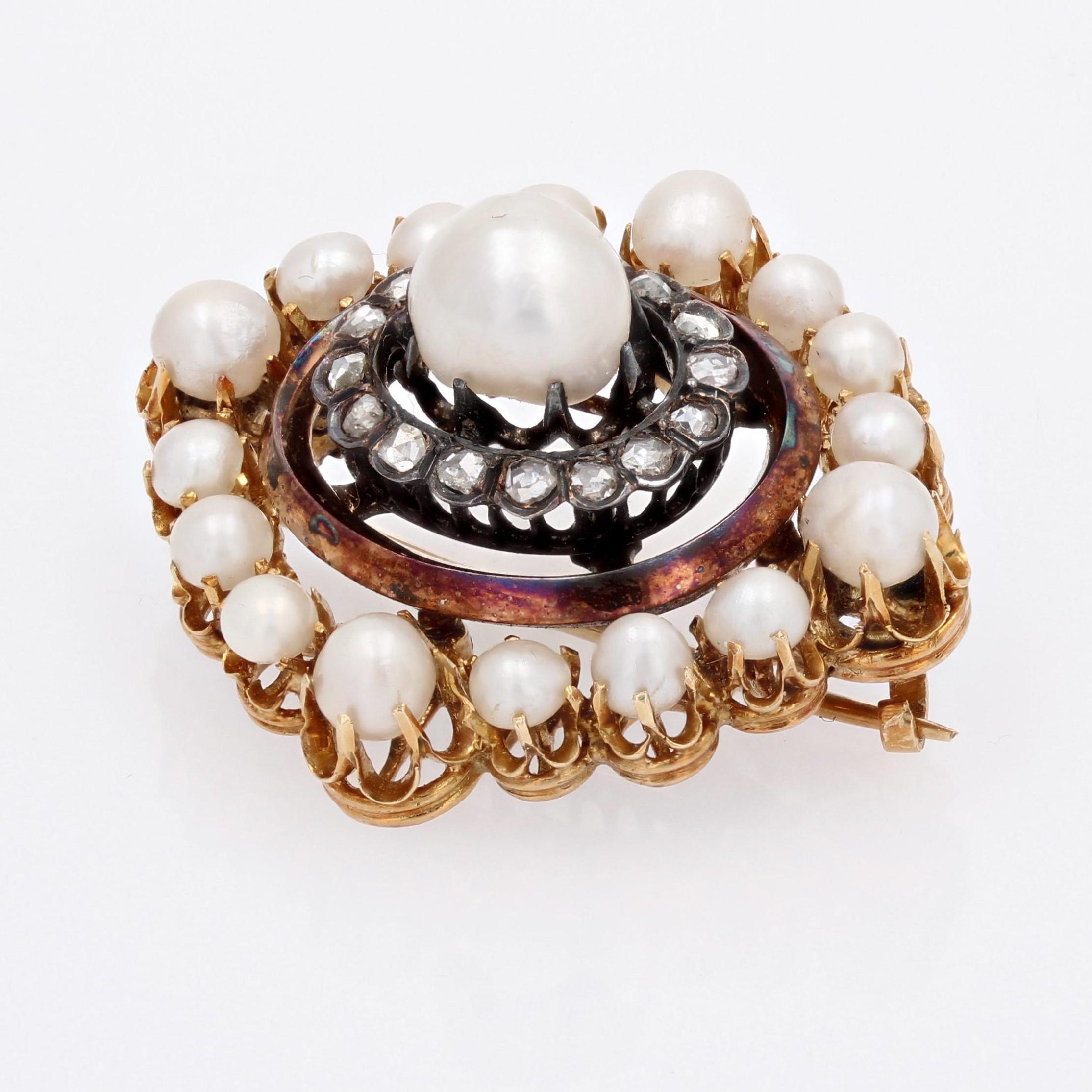 Napoleon 3 Diamonds Fine Pearls 18 Karat Yellow Gold Silver Brooch In Good Condition For Sale In Poitiers, FR