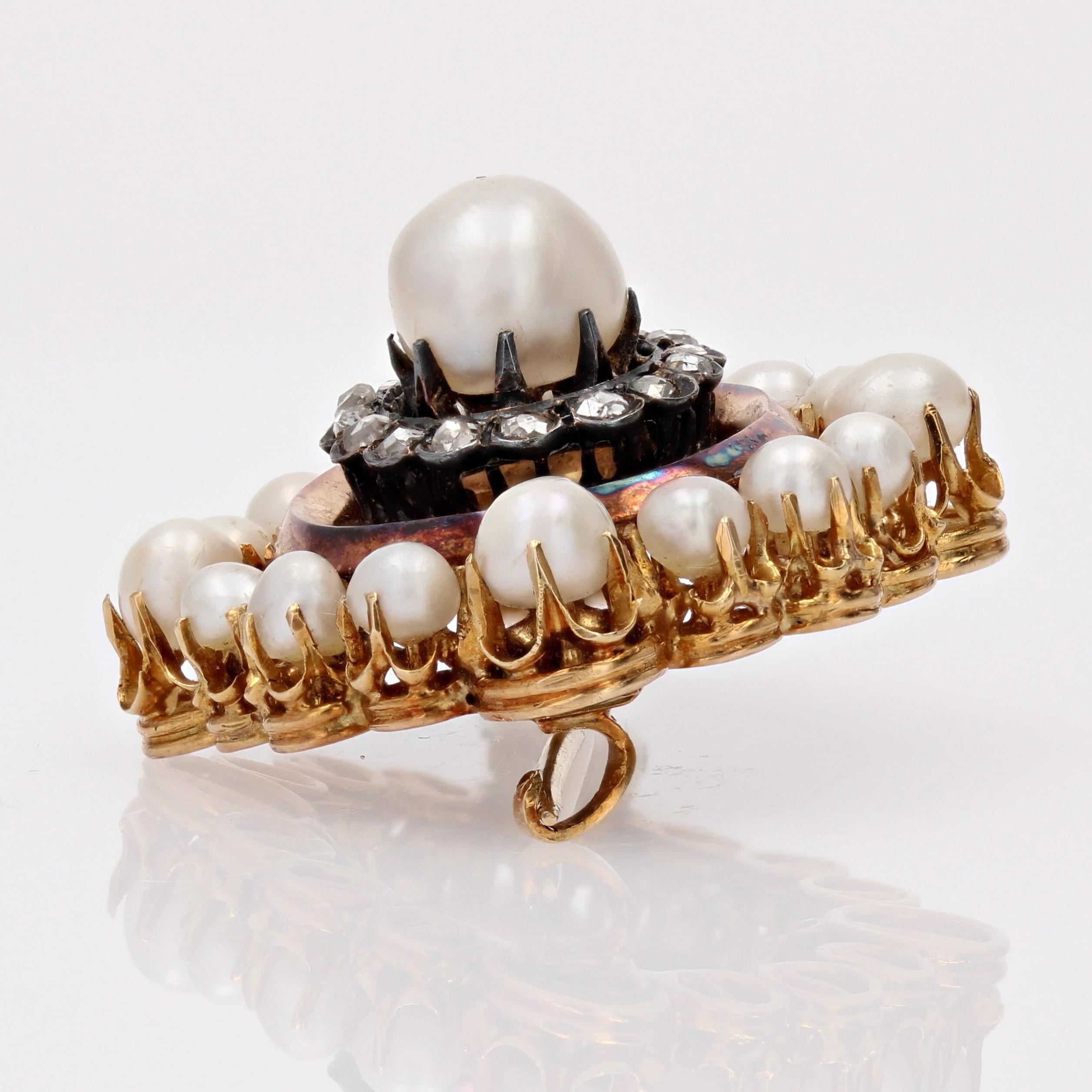 Broche Napoléon en or jaune 18 carats avec 3 diamants et perles fines en vente 2