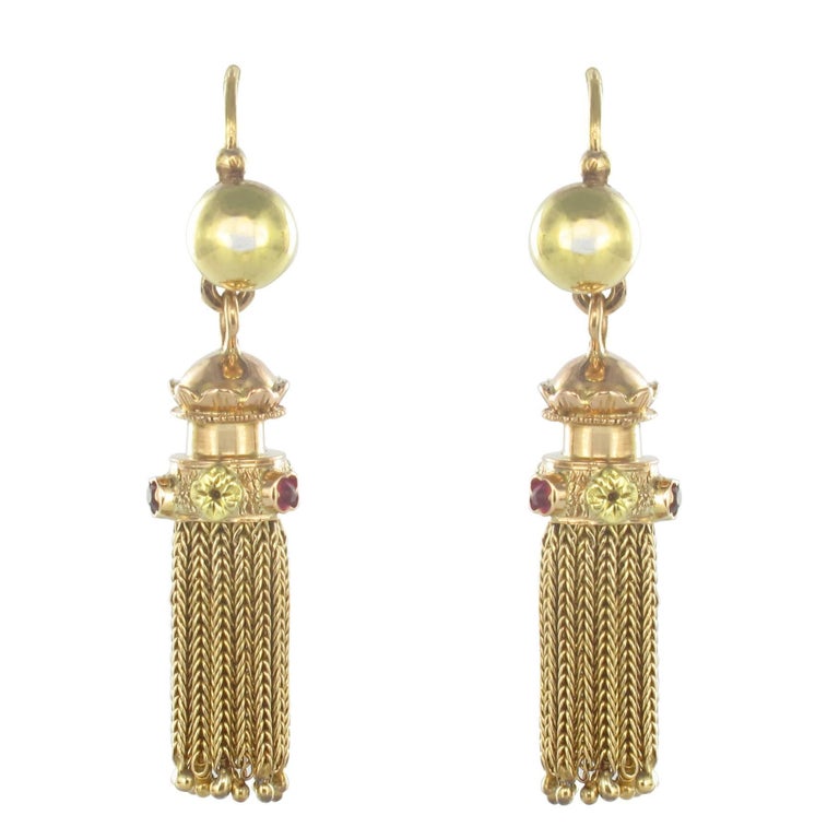 Napoleon 3 French Gold Ruby Pompom Dangle Earrings at 1stDibs