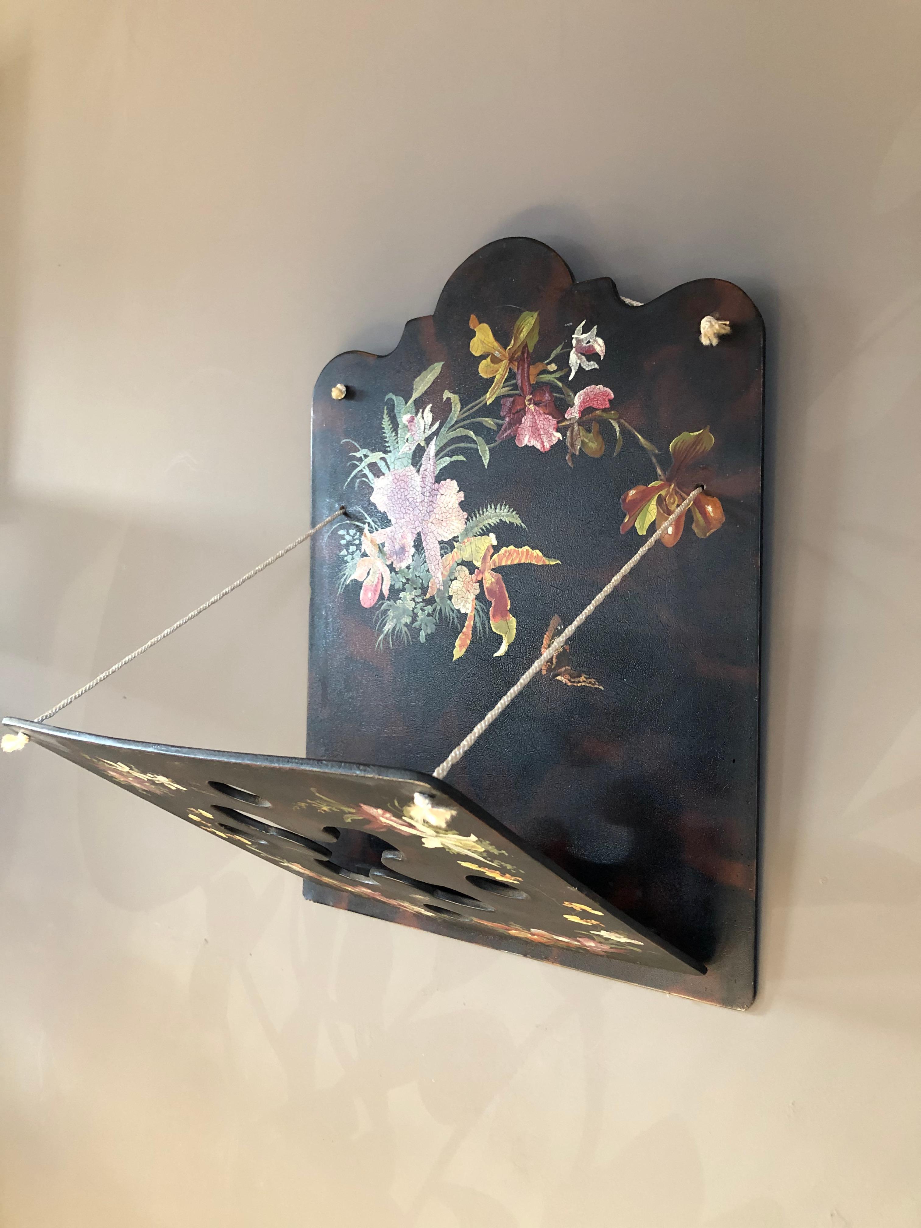 Napoleon 3 wall-mounted letter holder in boiled pulp cardboard, finely painted with orchid flowers.