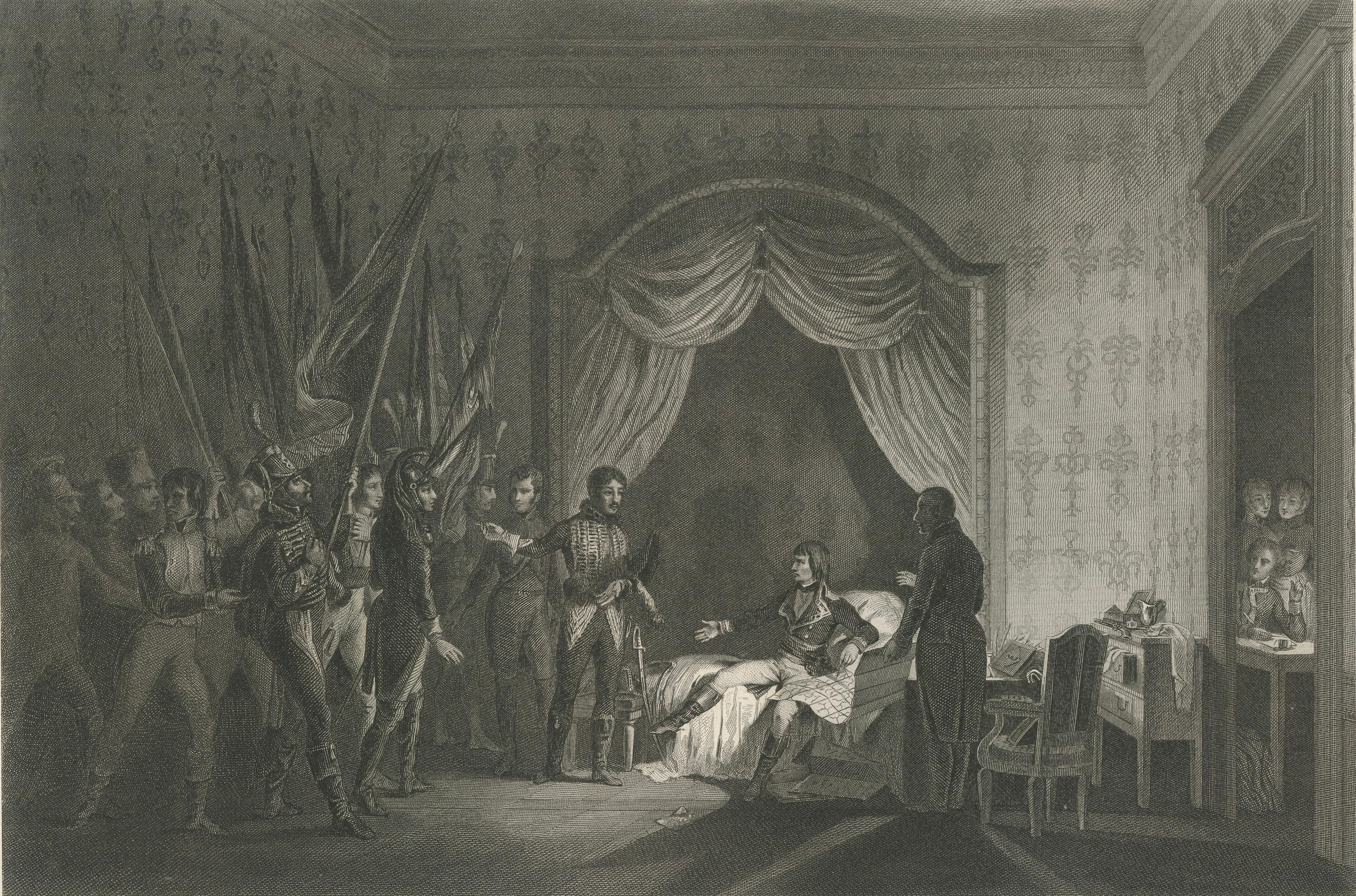 Napoleon Accepts Captured Banners in Milan – French Empire Engraving c.1840
