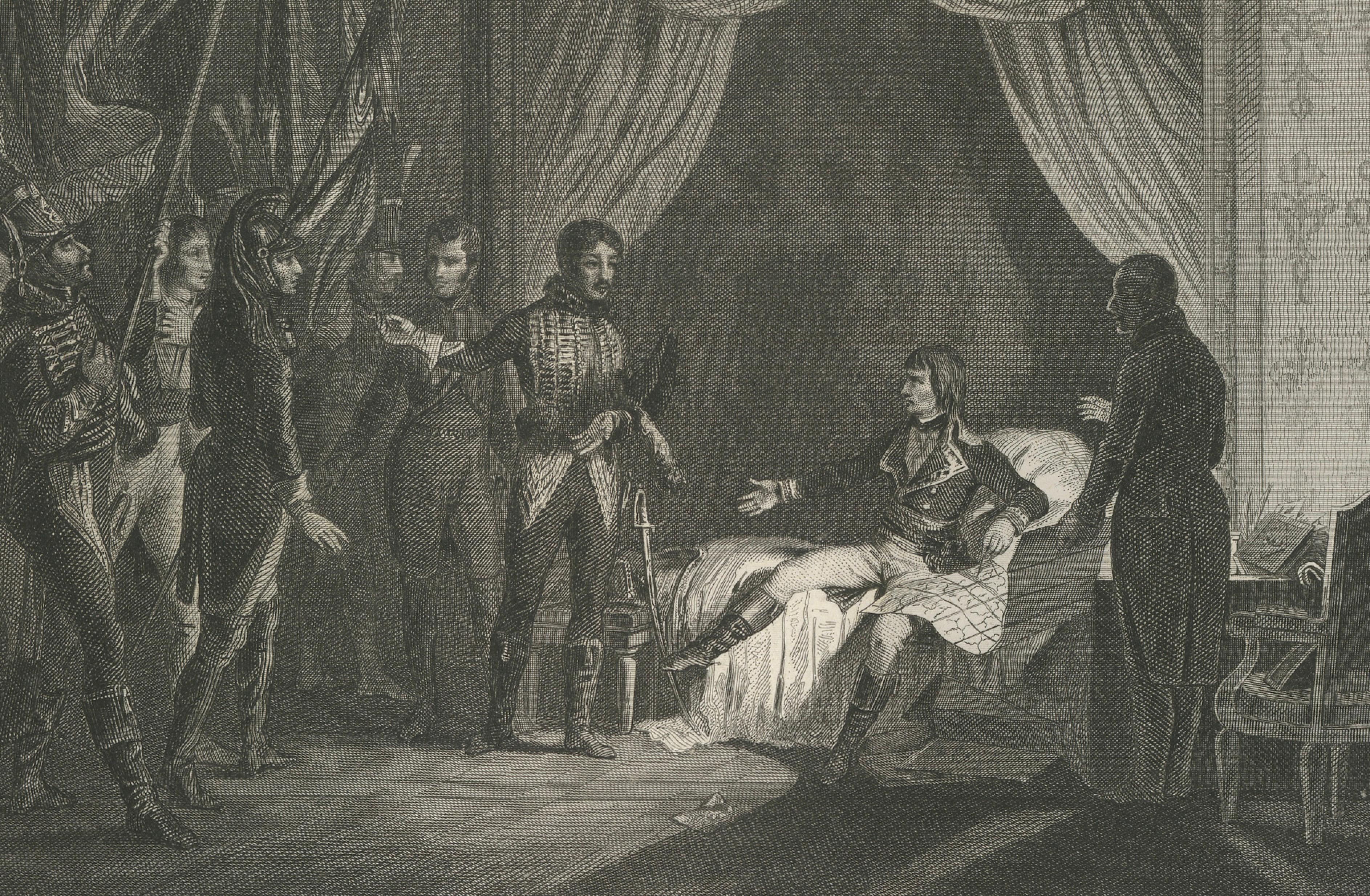 Napoleon Accepts Captured Banners in Milan – French Empire Engraving c.1840