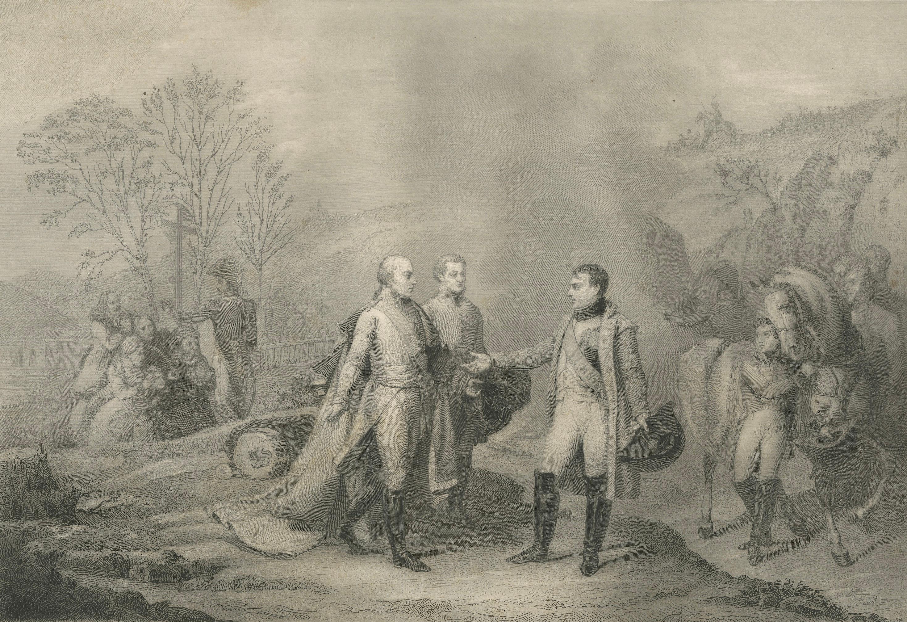 Napoleon and Francis II after Austerlitz, Antique French Engraving, circa 1840