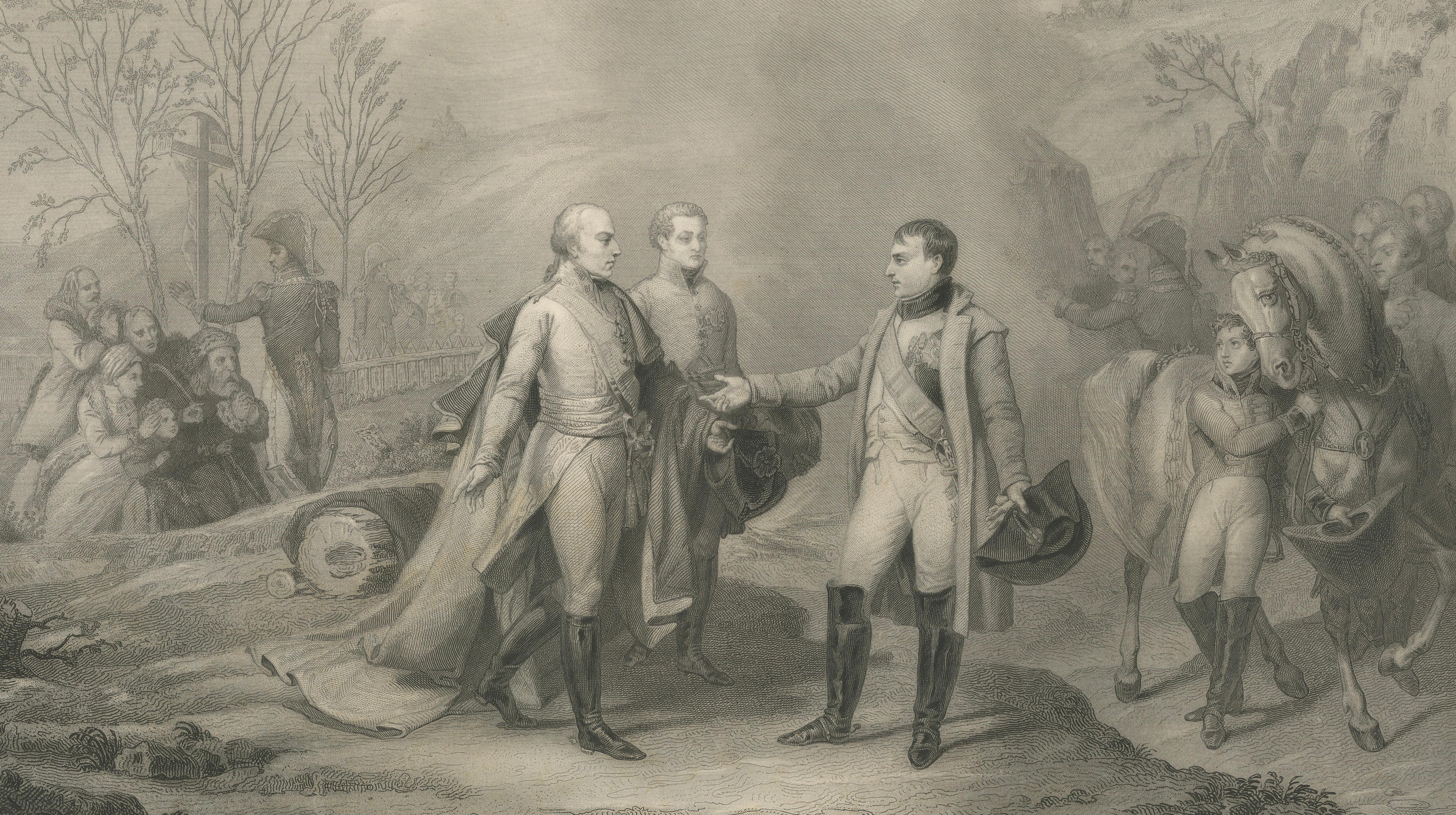 Napoleon and Francis II after Austerlitz, Antique French Engraving, circa 1840