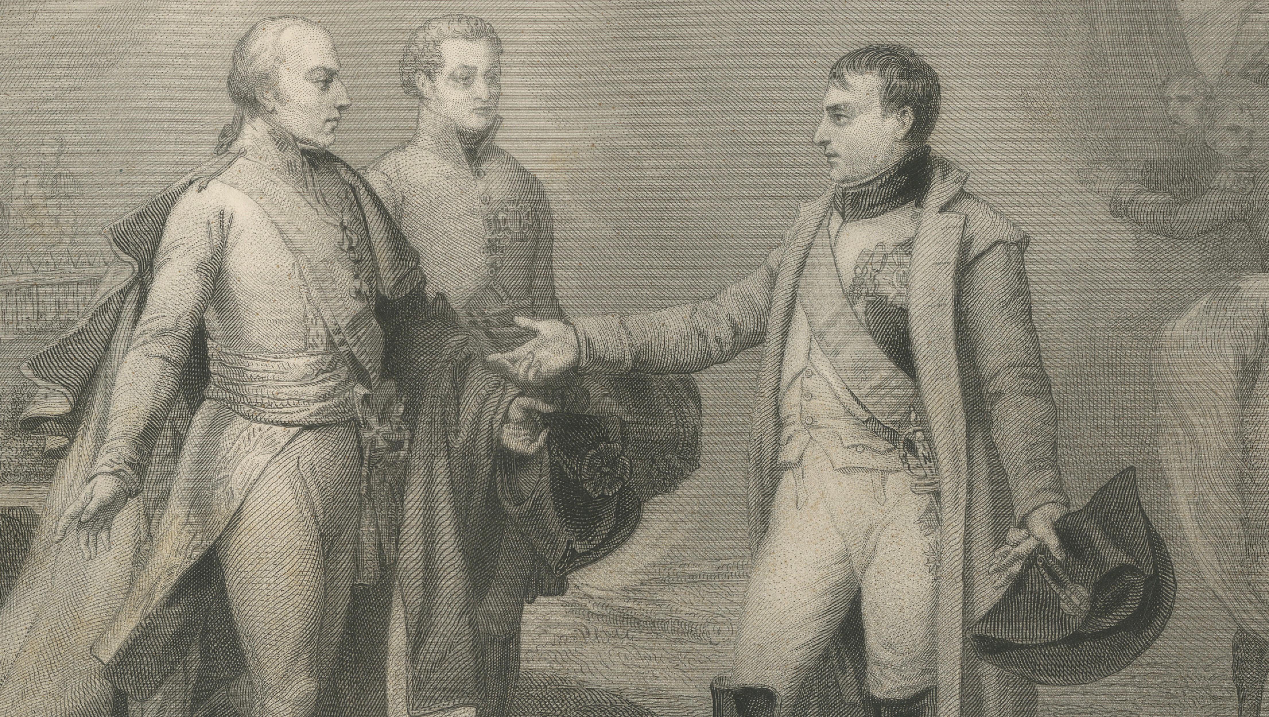 Napoleon and Francis II after Austerlitz, Antique French Engraving, circa 1840