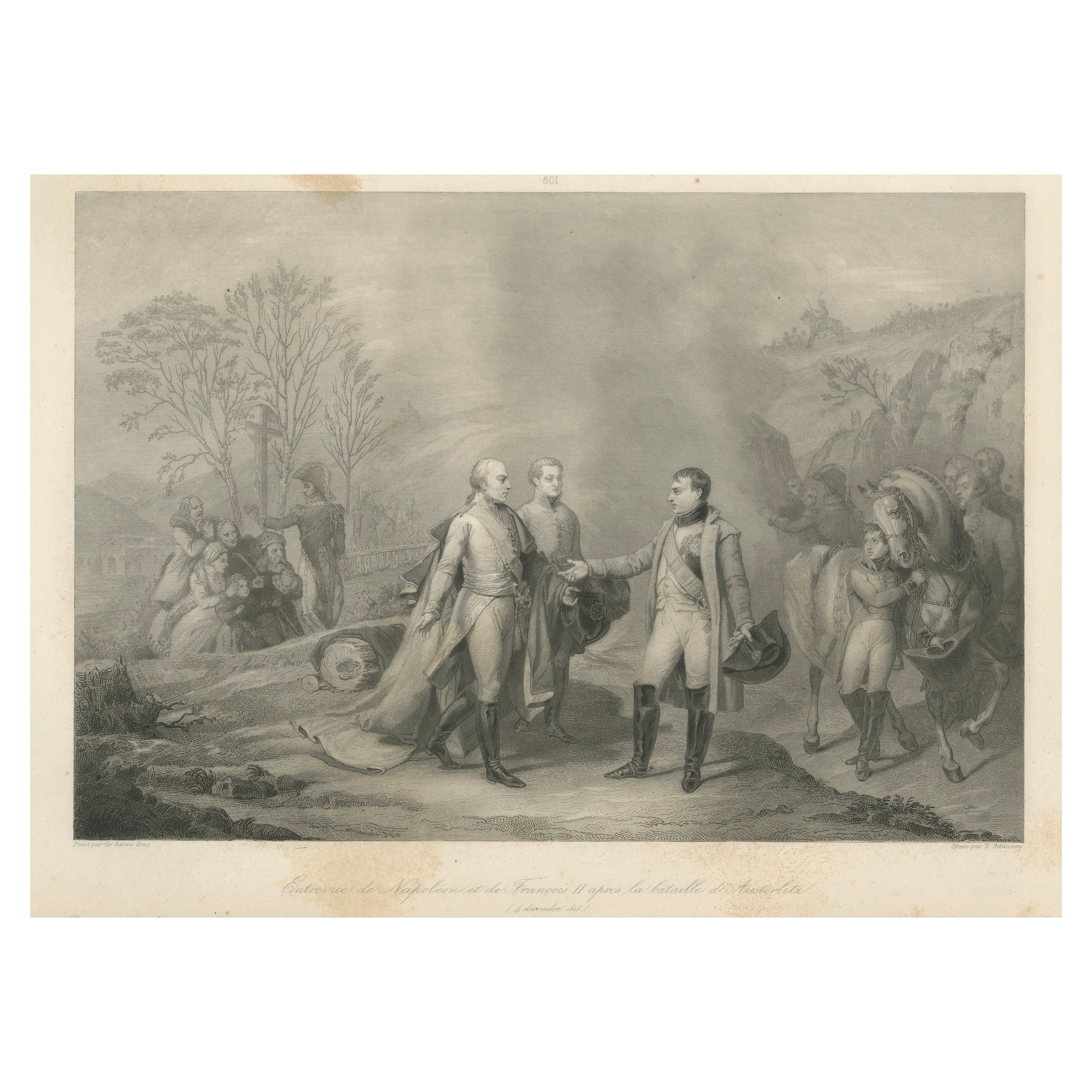 Napoleon and Francis II after Austerlitz, Antique French Engraving, circa 1840