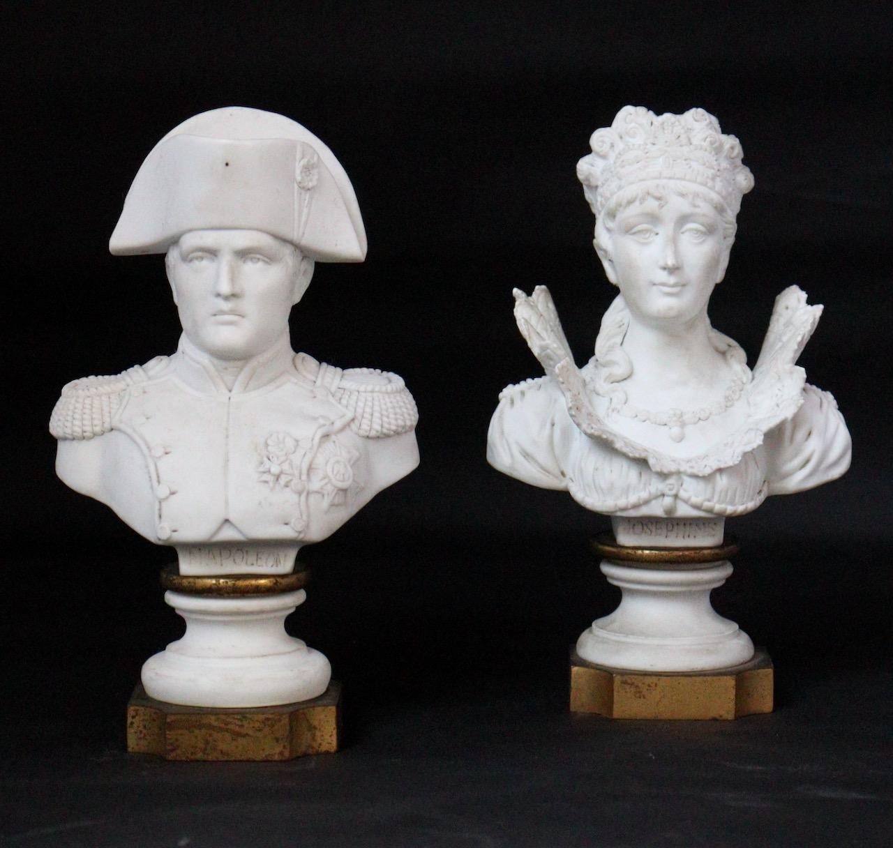 A pair of French biscuit porcelain busts of Napoleon and Josephine
Each titled impressed uppercase Napoléon and Joséphine, Manufacture Impériale de Sèvres on the back.
On an ormolu base
Circa 1850.