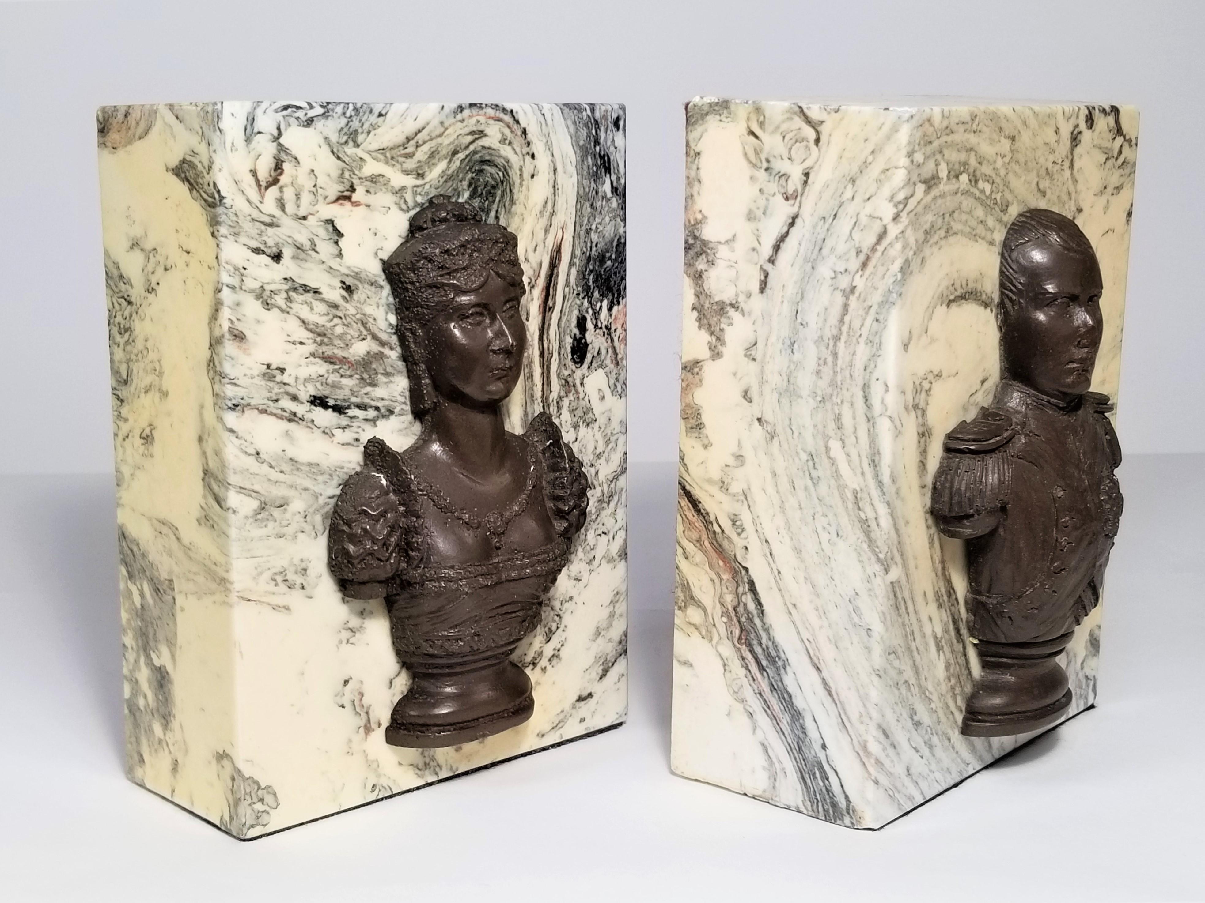 Napoleon and Josephine Marble and Bronze Bookends Midcentury For Sale 3