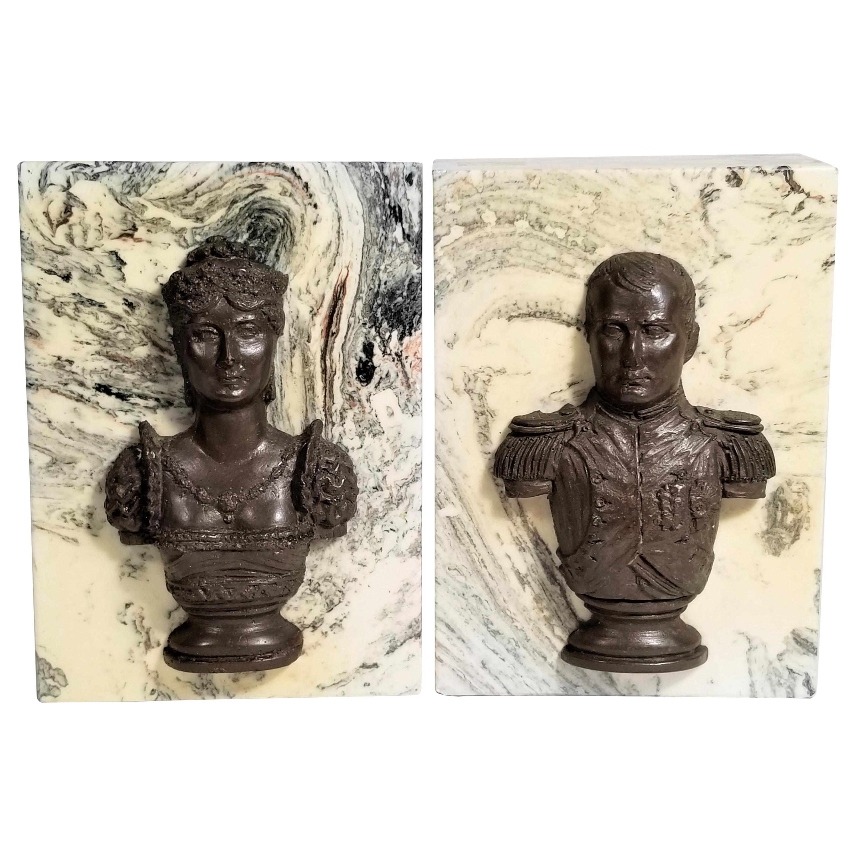 Napoleon and Josephine Marble and Bronze Bookends Midcentury
