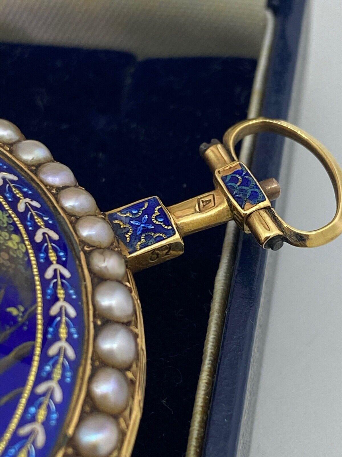 Napoleon Bonaparte c1800's 18K Gold, Emaille, natürliche Perle OpenFace Taschenuhr (Rundschliff) im Angebot