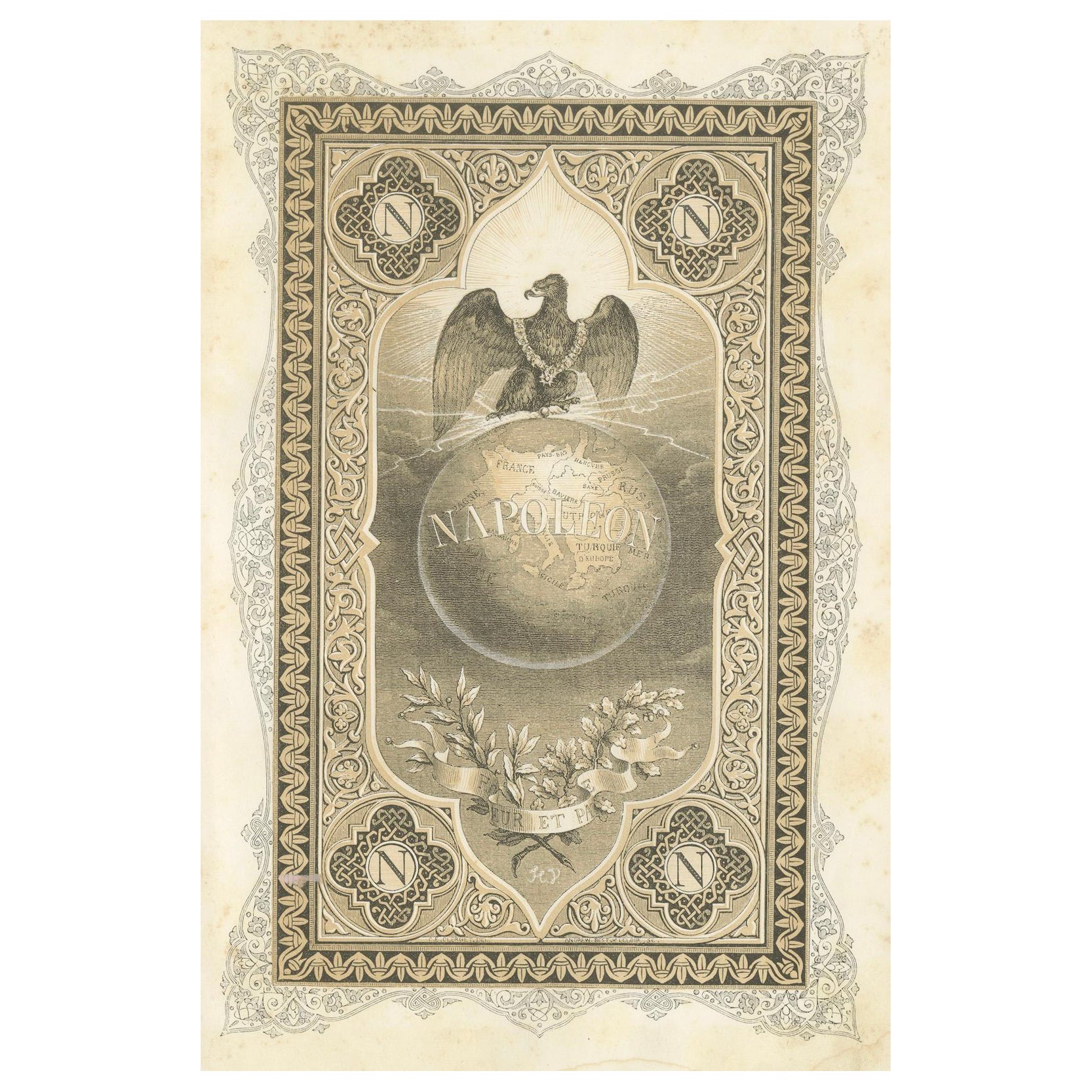 Napoleon Bonaparte, Reichsadler und Weltallegorie - französischer Kupferstich, 1843