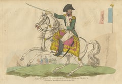 Napoléon Bonaparte sur un cheval de bataille blanc devant le drapeau tricolore, 1815