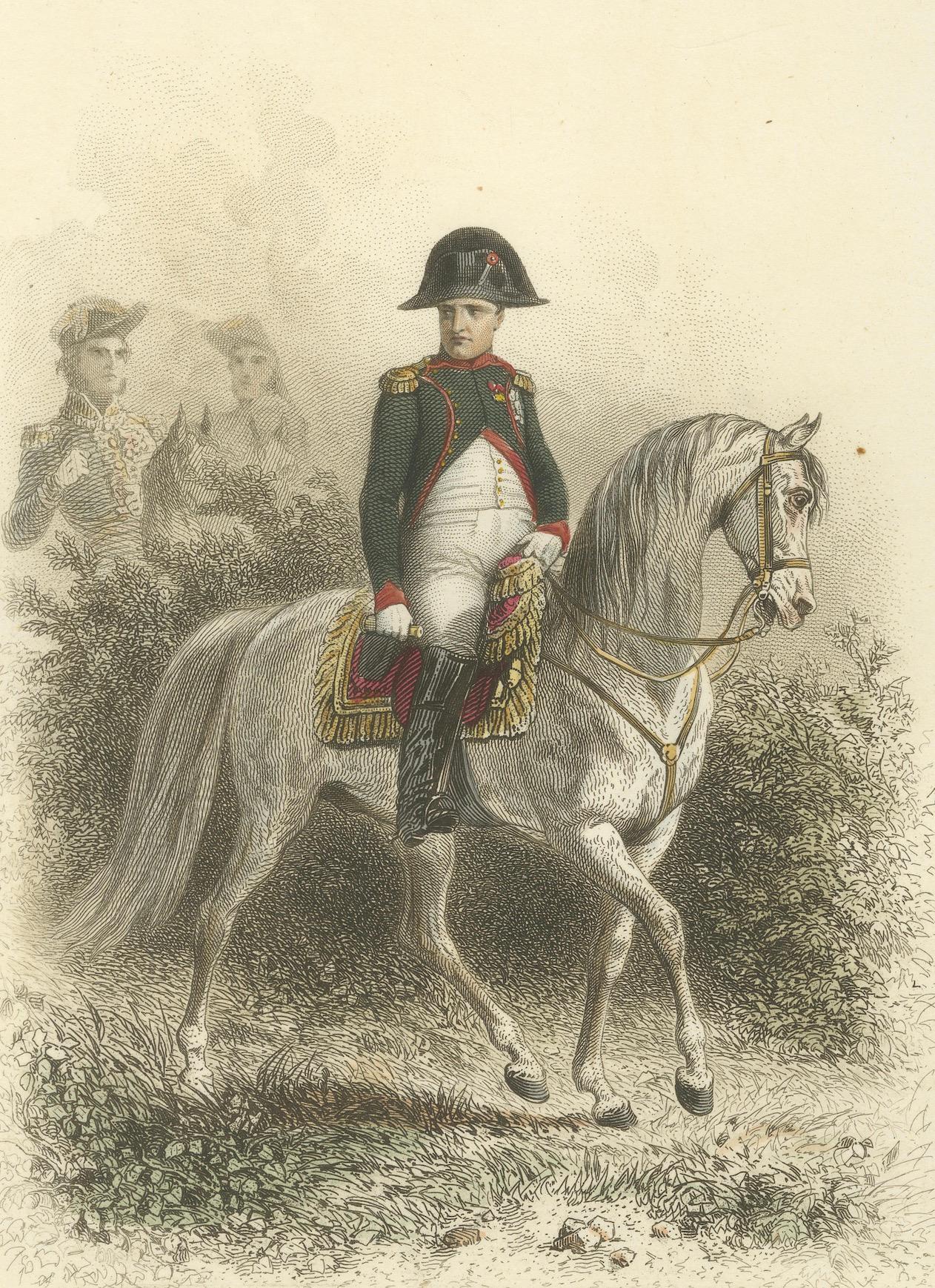 Napoleon Bonaparte on Horseback – Imperial Guard Lithograph, 1859

This finely hand-colored lithograph presents a commanding portrait of Napoleon I on horseback, surrounded by officers of his Imperial Guard. Drawn by Auguste Raffet and engraved by