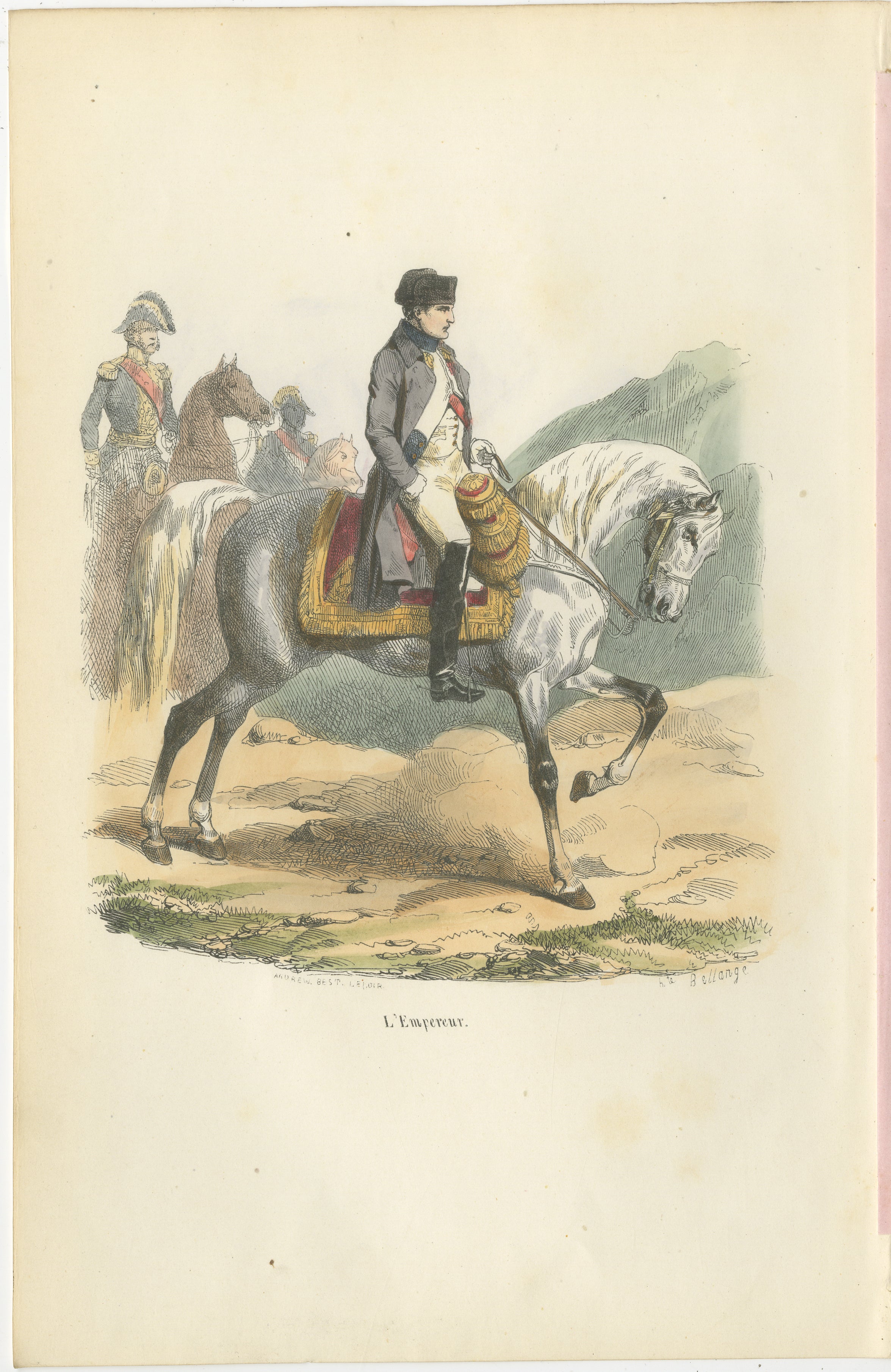 Napoleon Bonaparte on Horseback, L’Empereur – French Hand-Colored Print, 1843