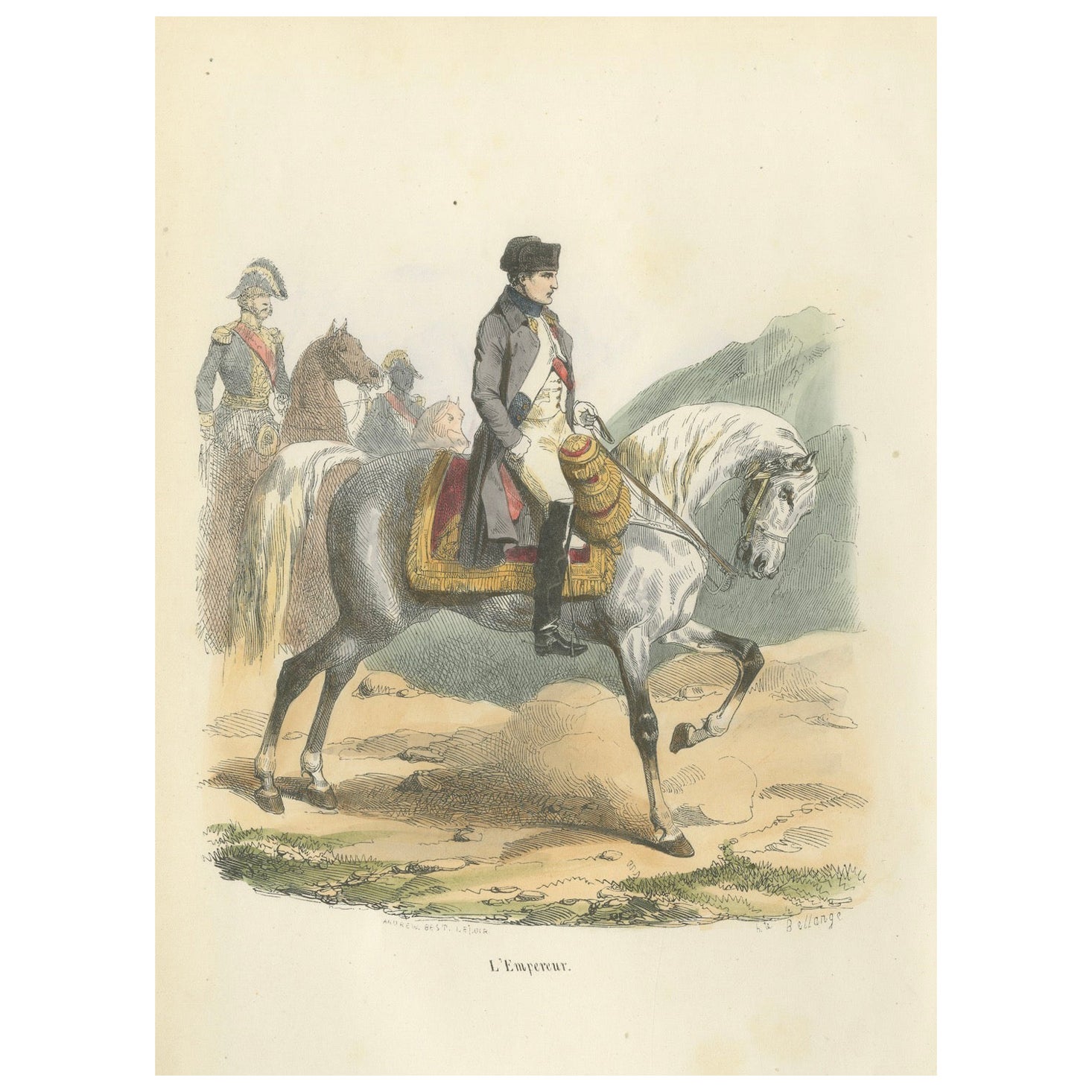 Napoleon Bonaparte on Horseback, L’Empereur – French Hand-Colored Print, 1843