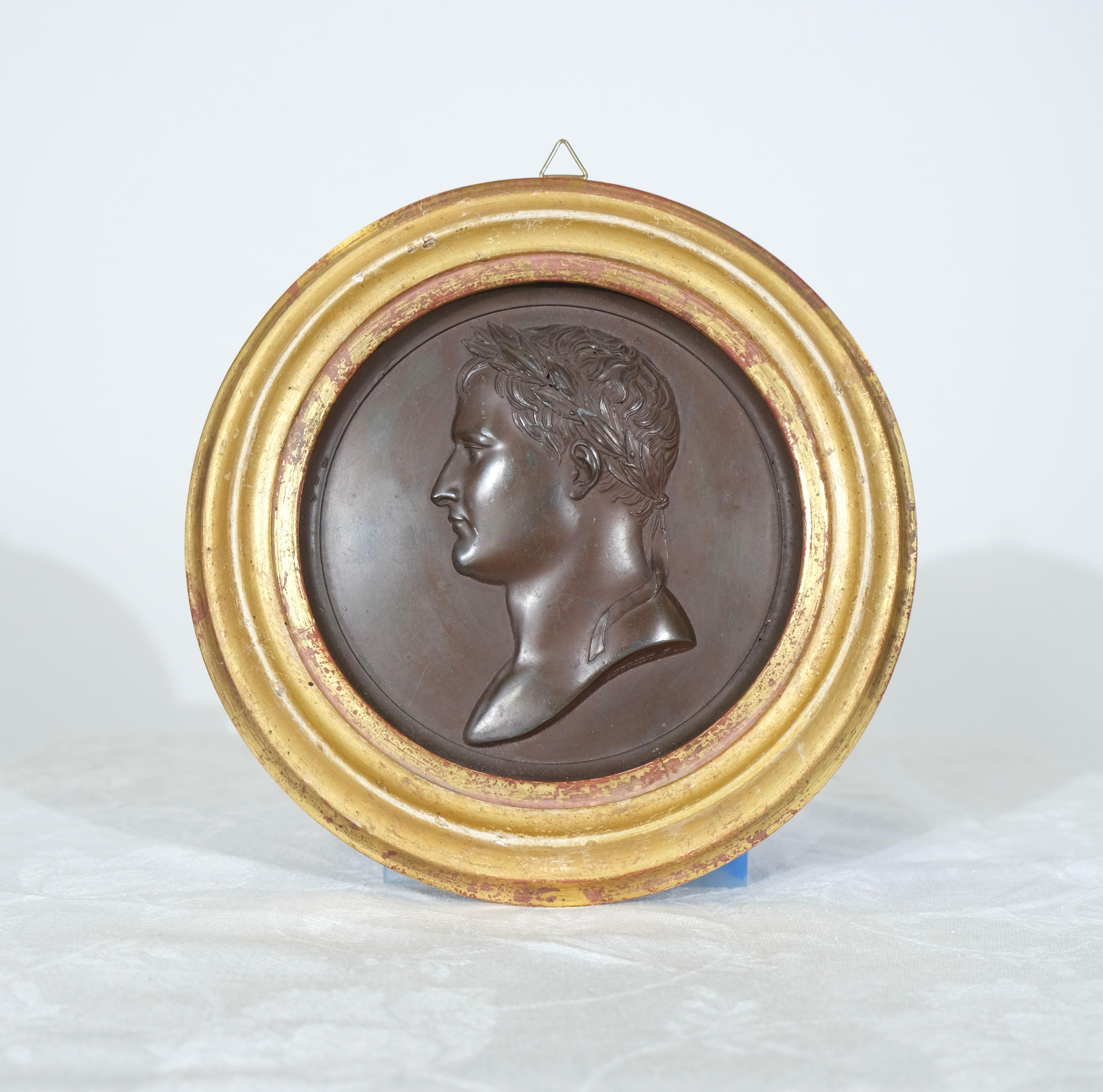 Antique Bronze Medallion of Napoleon Bonaparte by J.B. Andrieu (1761-1822). A finely cast antique bronze medallion depicting a left-facing profile of Napoleon Bonaparte, signed by renowned engraver **J.B. Andrieu**. This detailed and very
