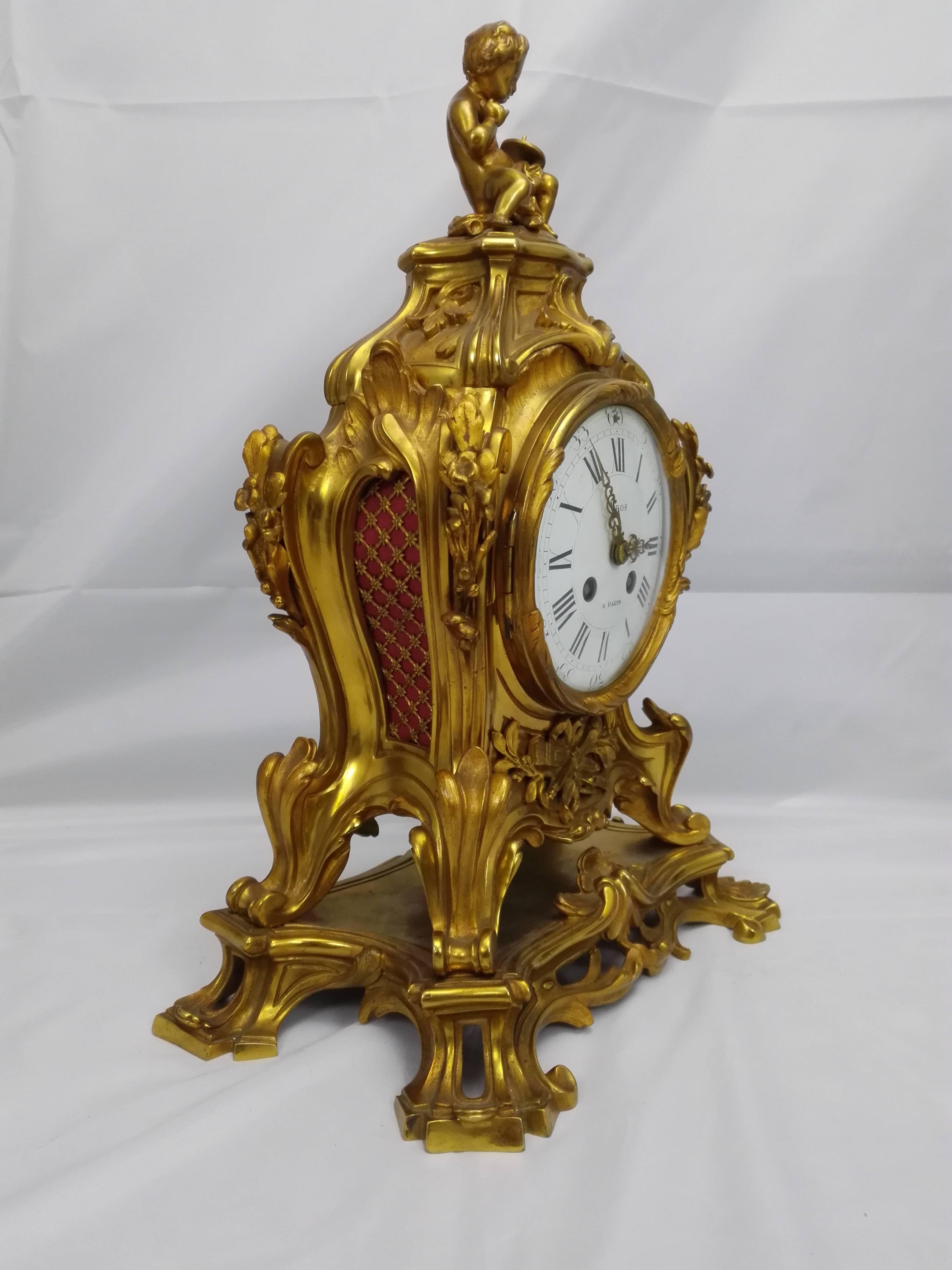 Rococo Revival Napoleon Fire-Gild Bronze Cimney Clock by Jean-Louis-Benjamin Gros a Paris For Sale