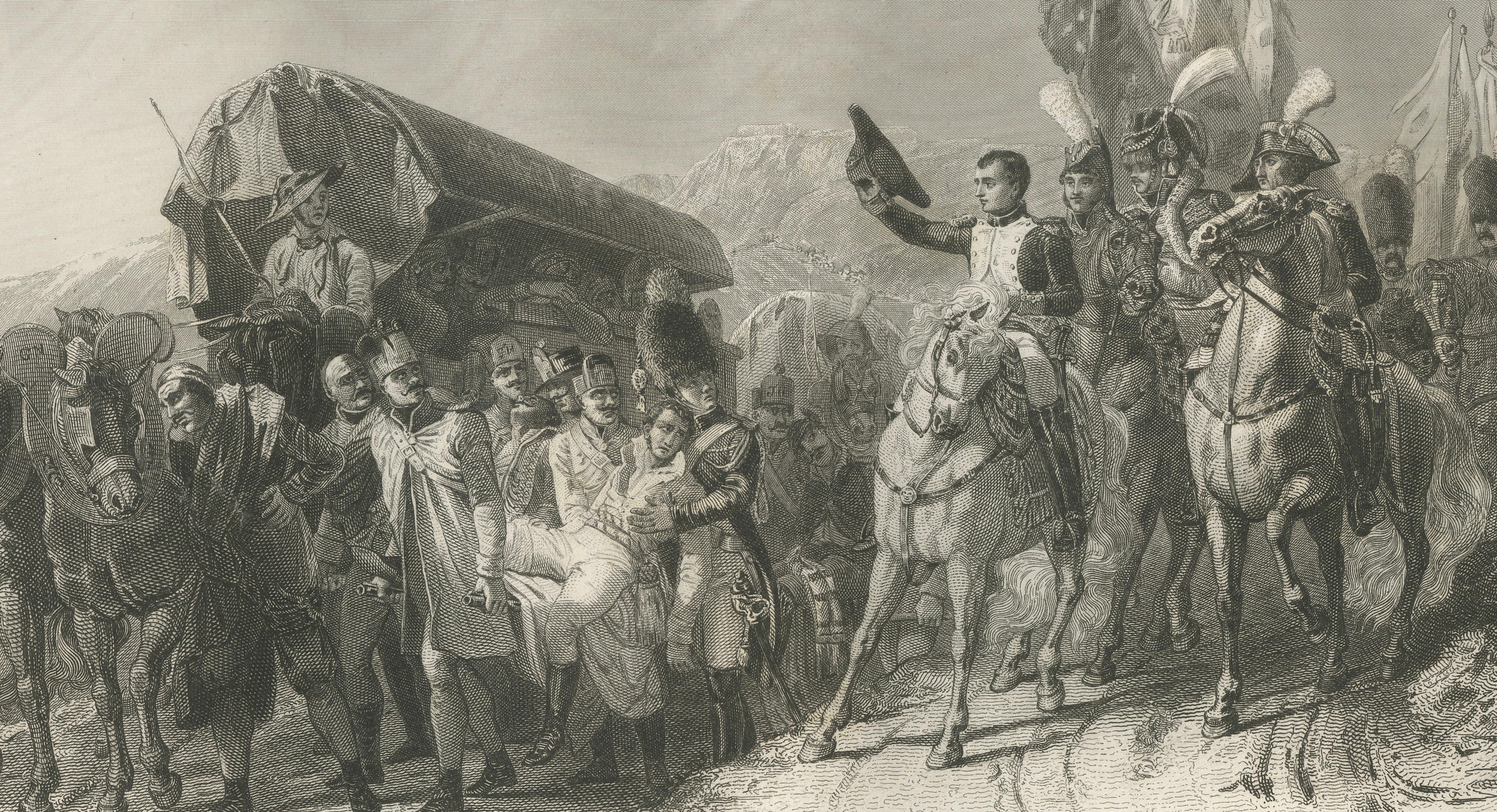 Napoleon Honors the Wounded Soldier, Antique French Engraving, circa 1840