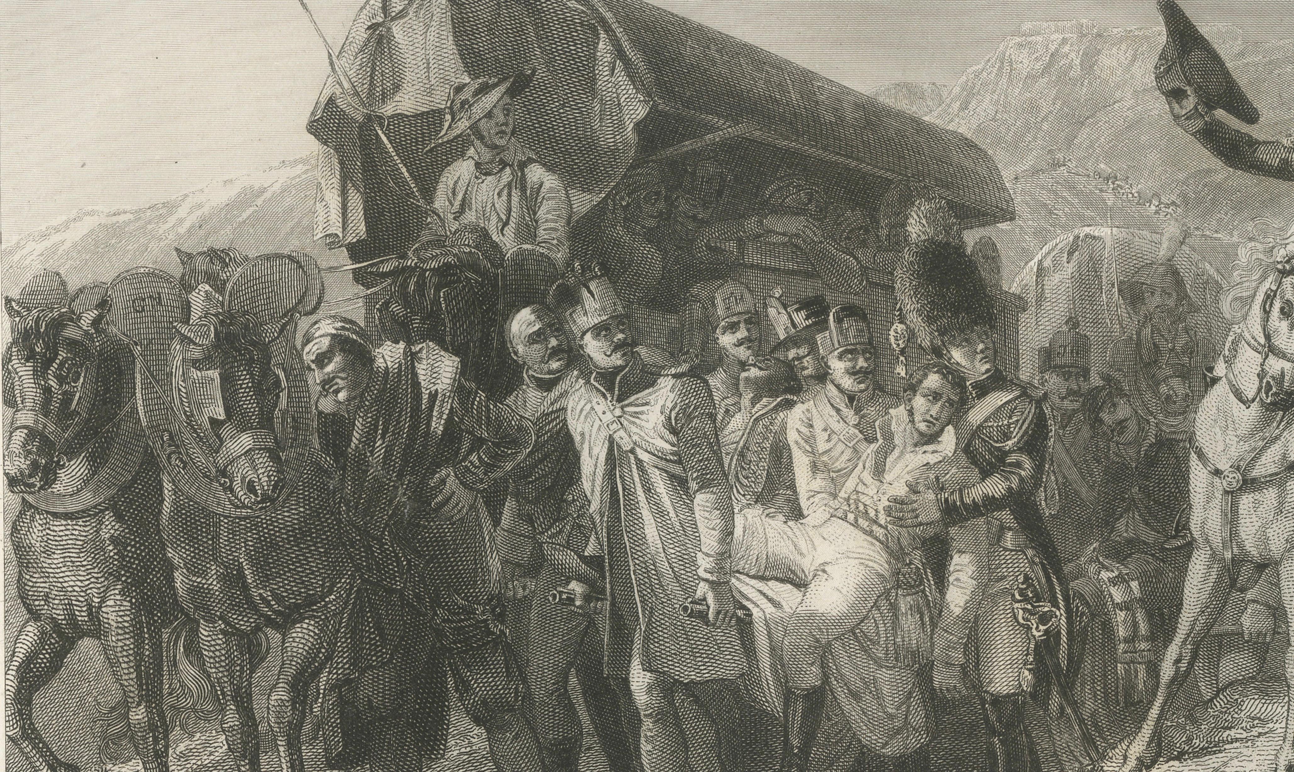 Napoleon Honors the Wounded Soldier, Antique French Engraving, circa 1840