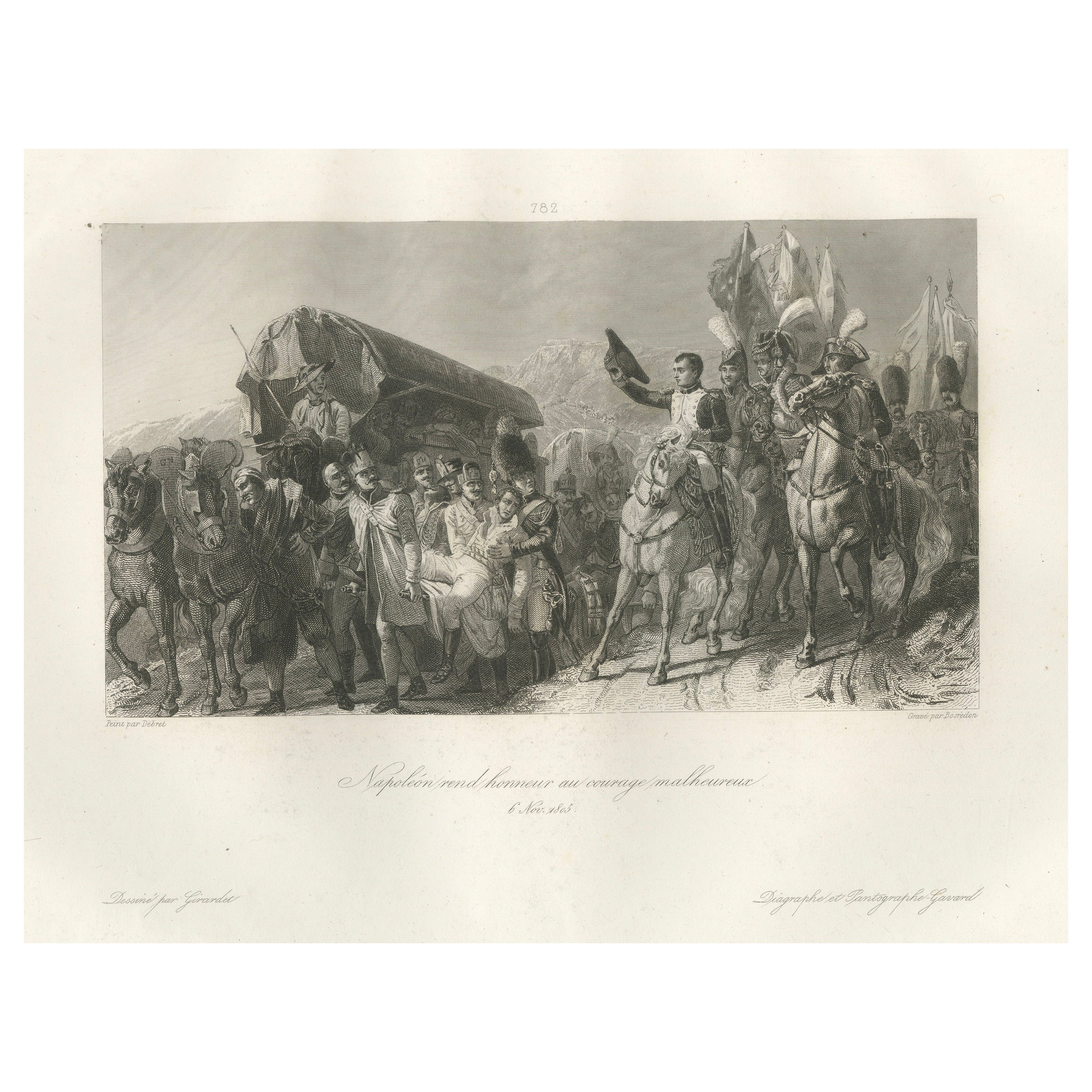 Napoleon Honors the Wounded Soldier, Antique French Engraving, circa 1840