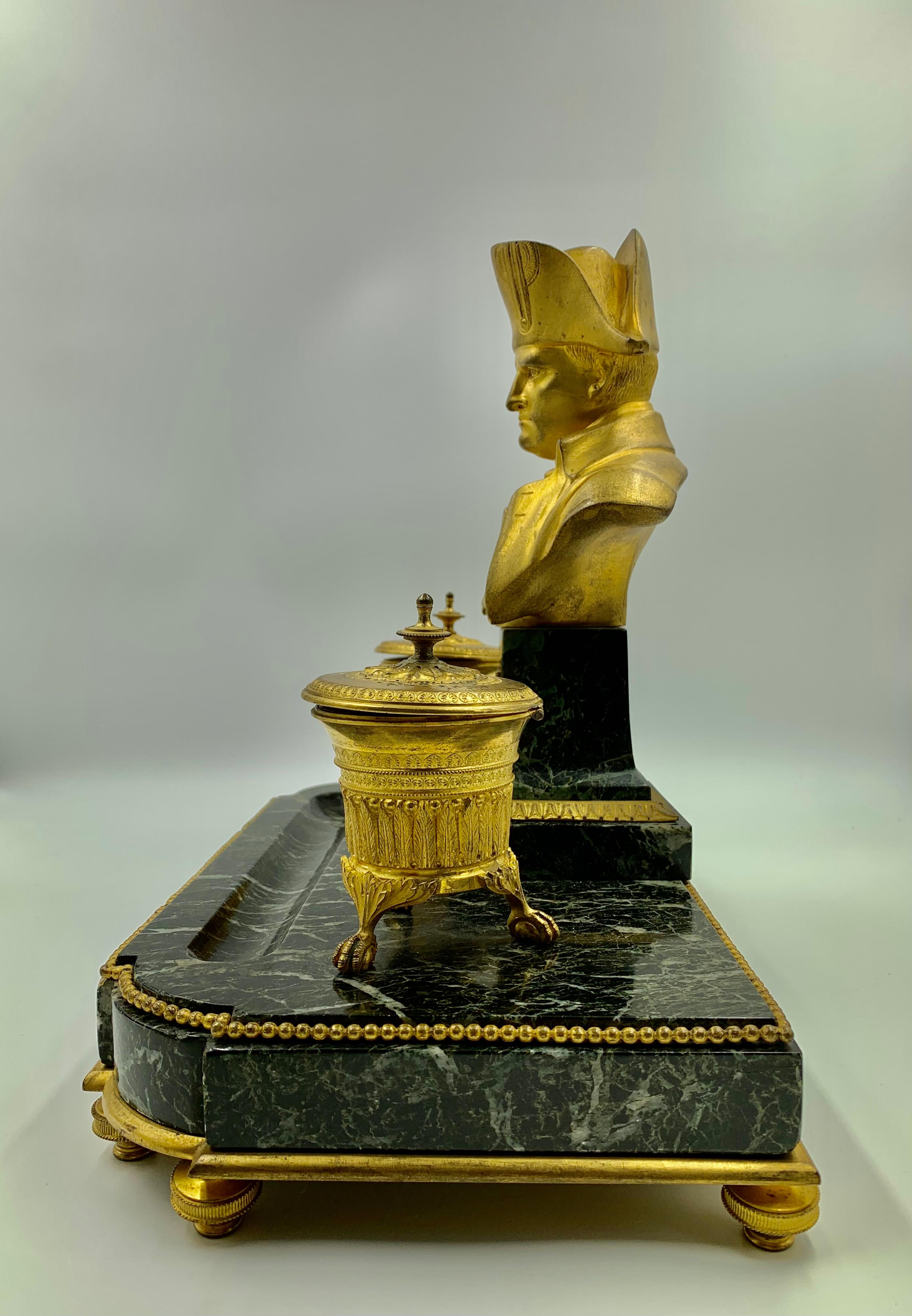 French Napoleon I Empire Encrier, Gilt Bronze and Verde Antico, Signed Basil, 1830 For Sale