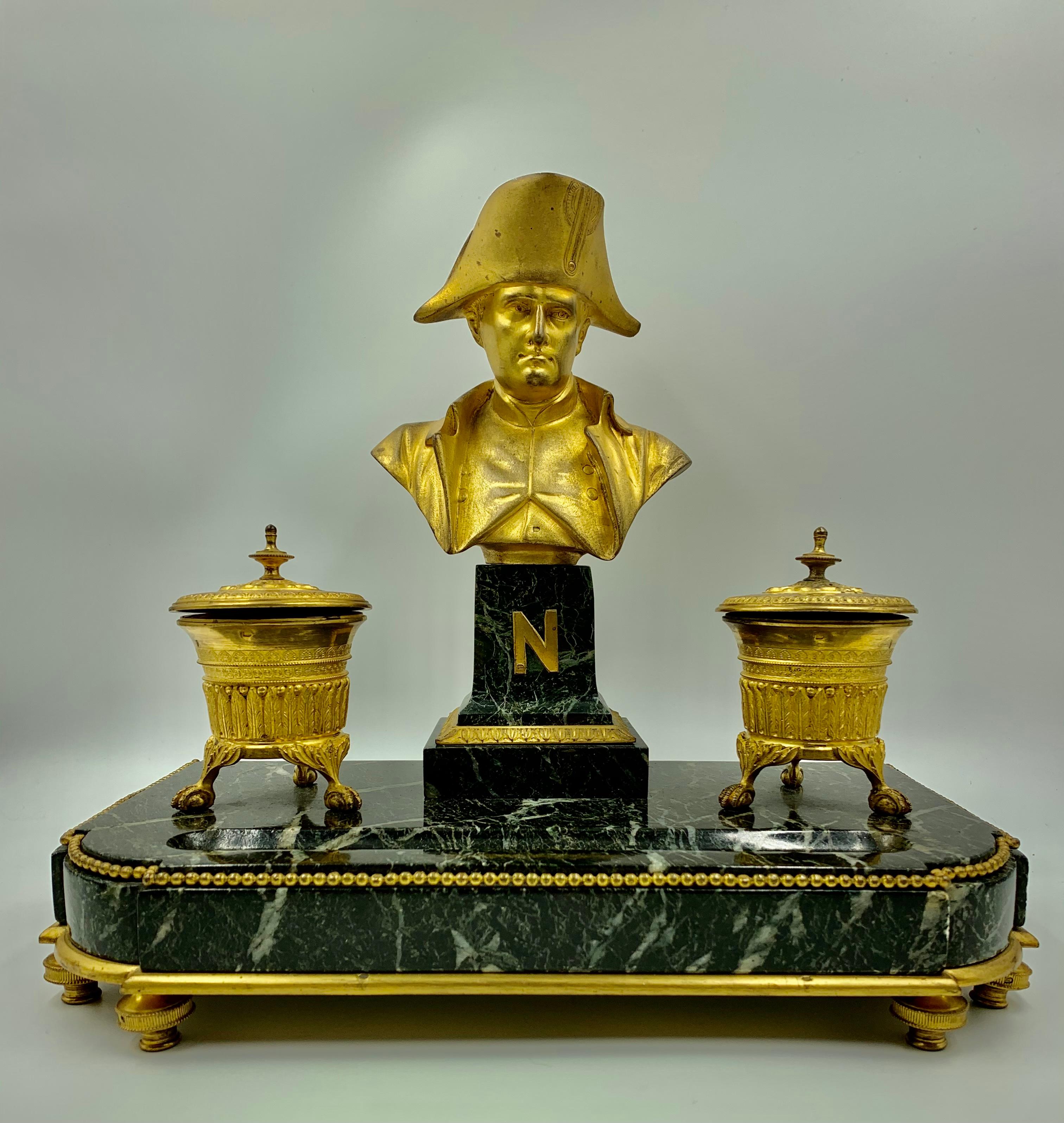 Napoleon I Empire Encrier, Gilt Bronze and Verde Antico, Signed Basil, 1830 In Good Condition In New York, NY