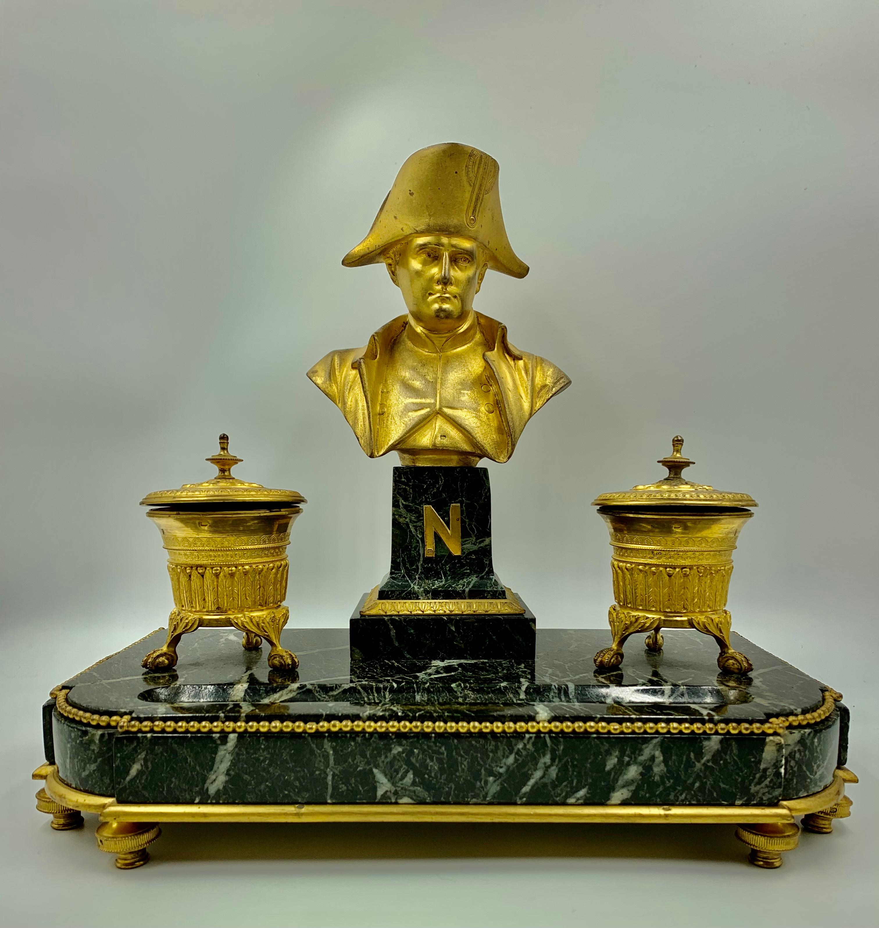 19th Century Napoleon I Empire Encrier, Gilt Bronze and Verde Antico, Signed Basil, 1830 For Sale