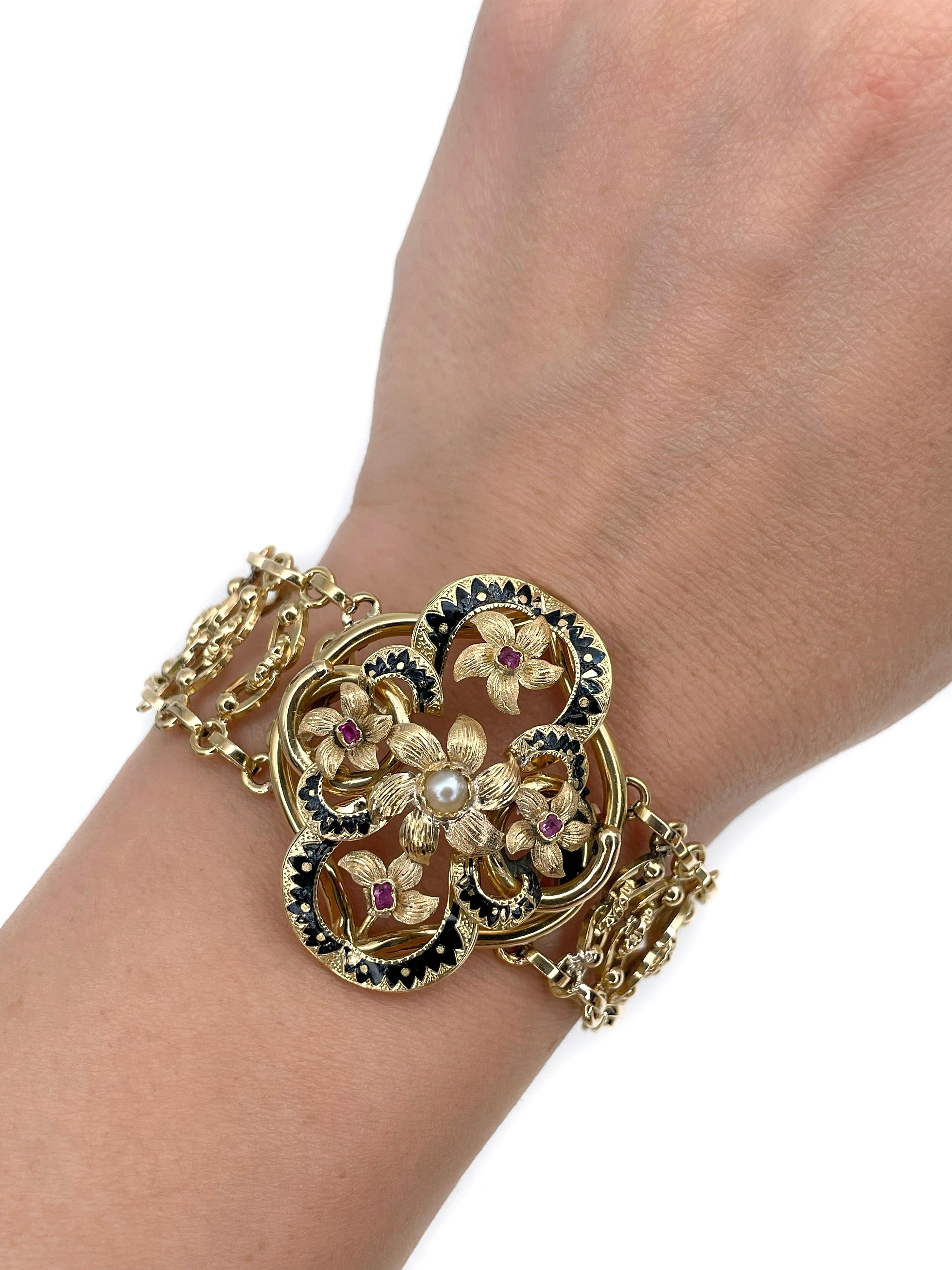 This is an amazing Napoleon 3rd bracelet crafted in 18K yellow gold. Circa 1880. 

The piece is adorned with black enamel. It features rubies and a pearl.

Has a safety chain. 

Weight: 21.27g
Length: 17.5cm
Width: 2cm
Central detail: