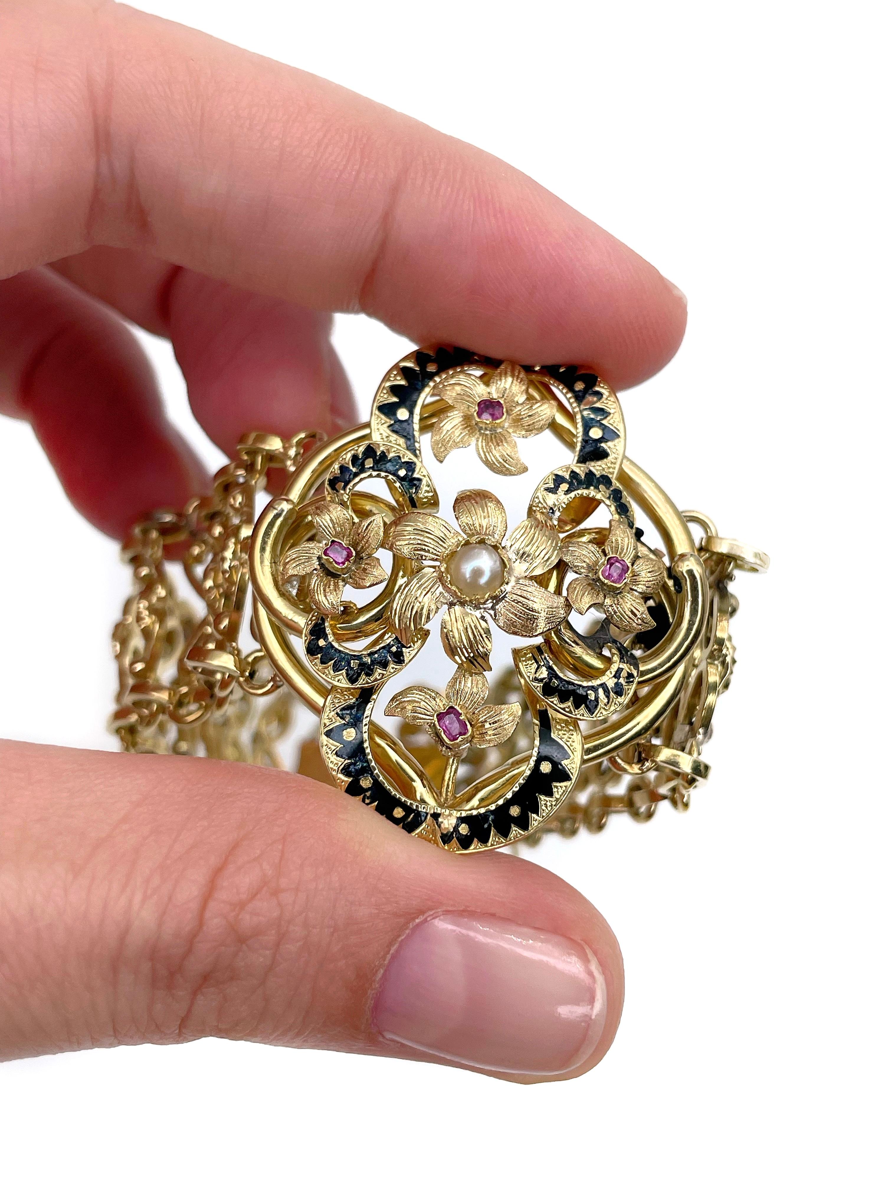 Napoleon III. 18 Karat Gold Schwarzes Emaille-Rubin-Perlen-Blumenarmband (Gemischter Schliff) im Angebot