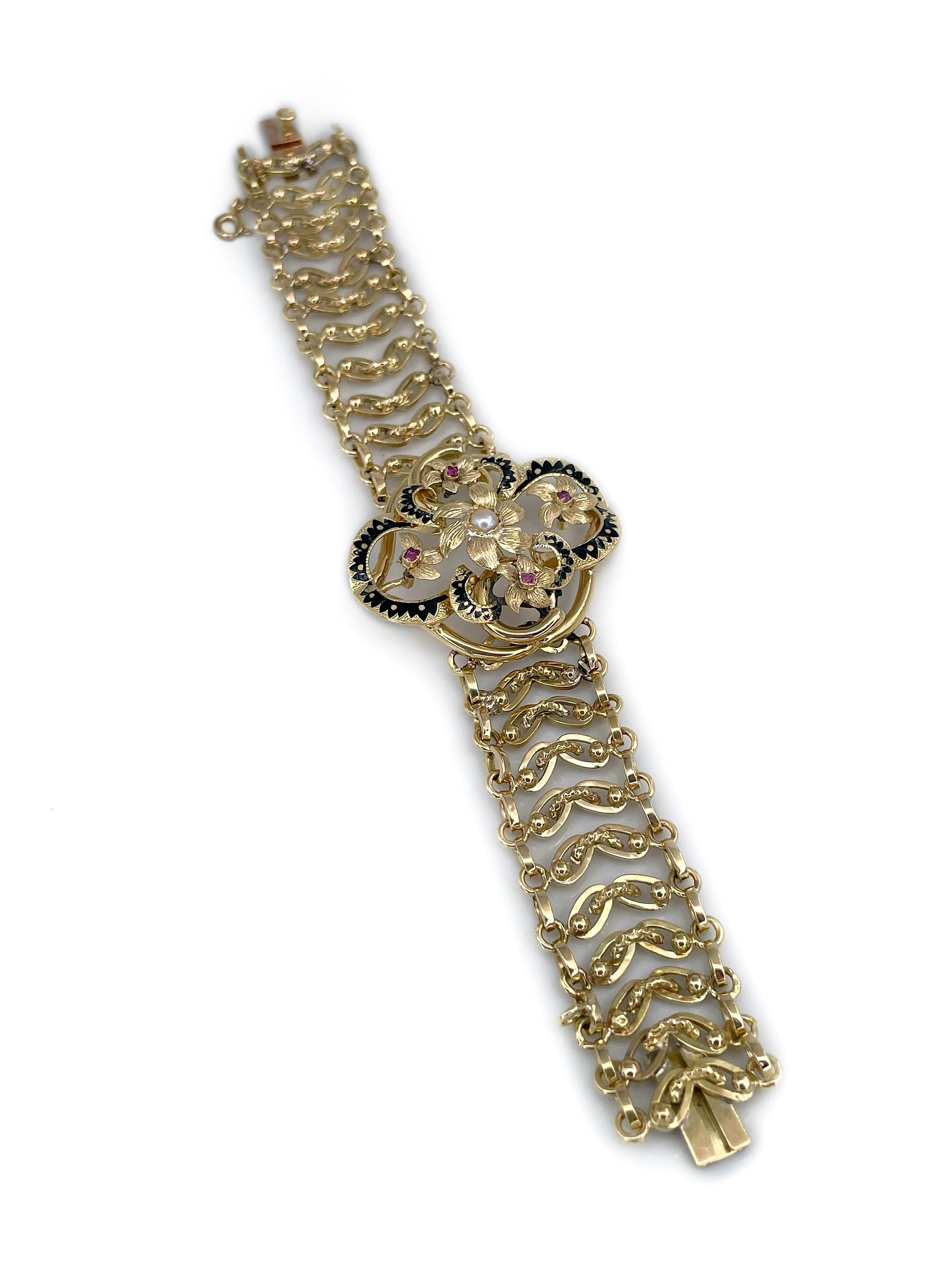 Napoleon III 18 Karat Gold Black Enamel Ruby Pearl Floral Chain Bracelet In Good Condition For Sale In Vilnius, LT