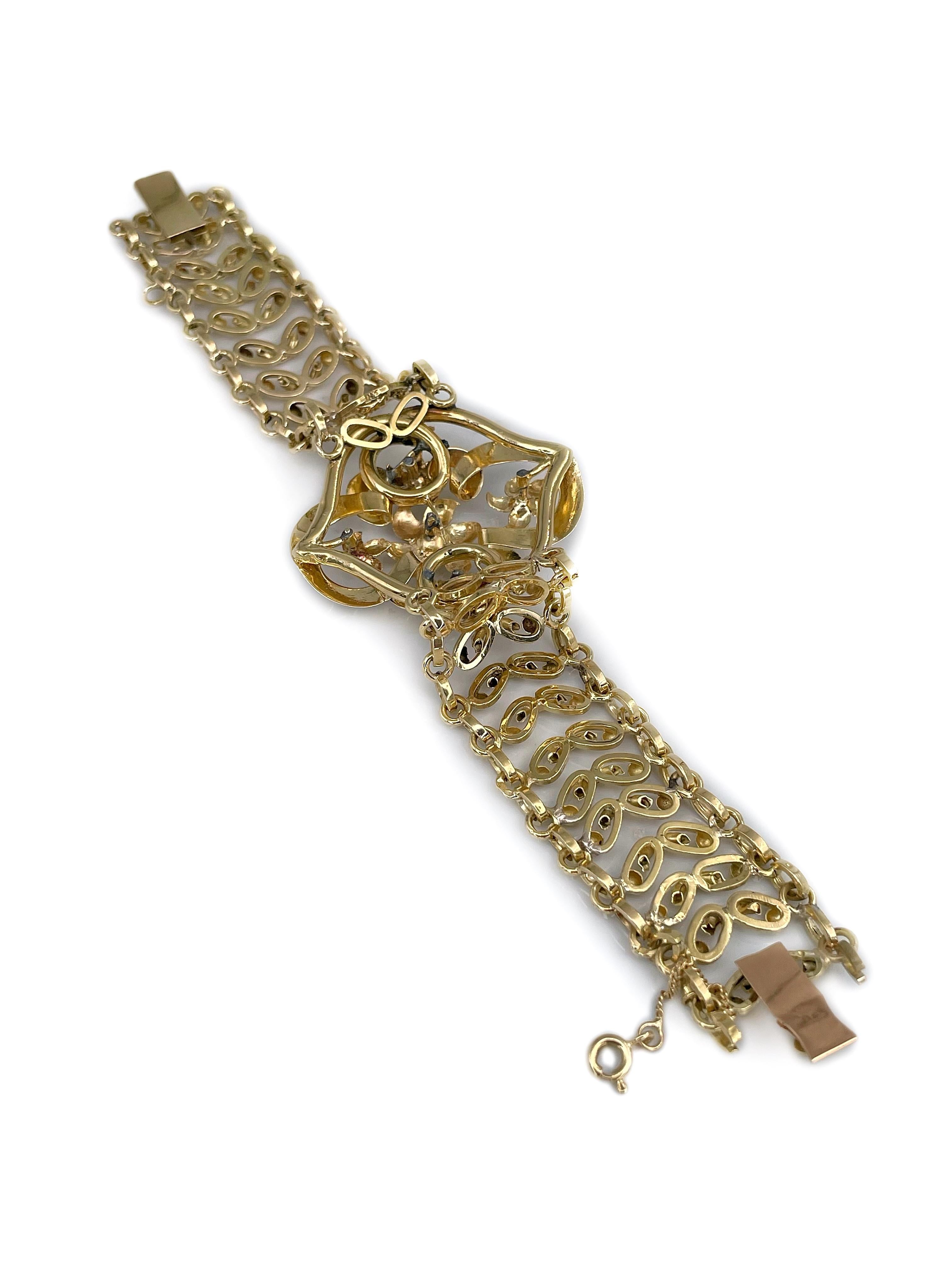 Women's Napoleon III 18 Karat Gold Black Enamel Ruby Pearl Floral Chain Bracelet For Sale