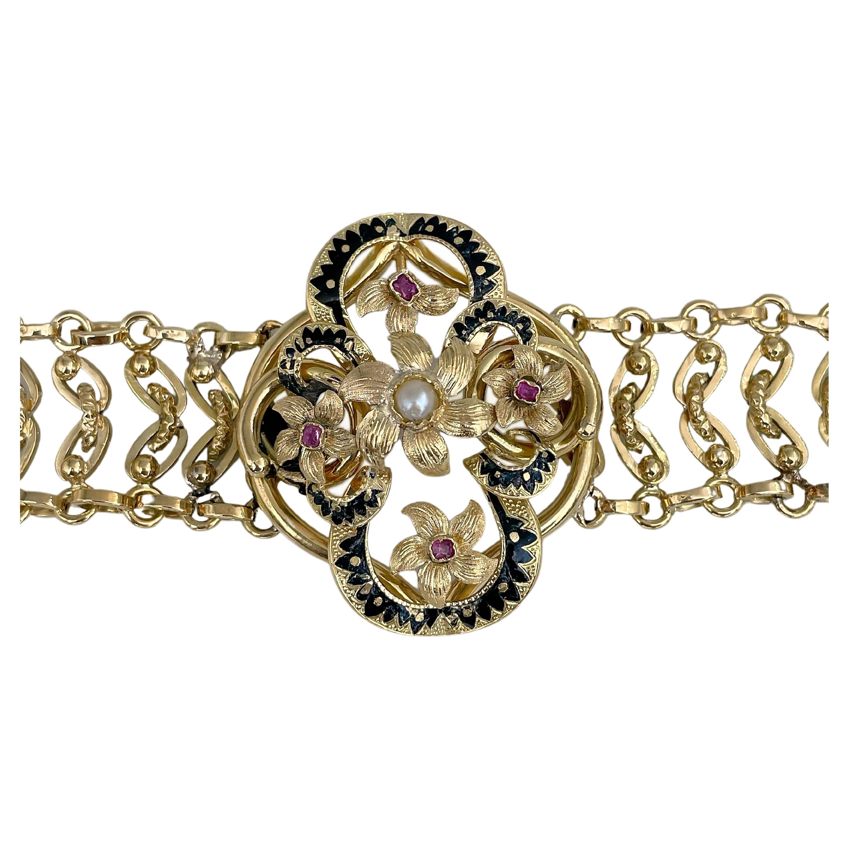Napoleon III 18 Karat Gold Black Enamel Ruby Pearl Floral Chain Bracelet