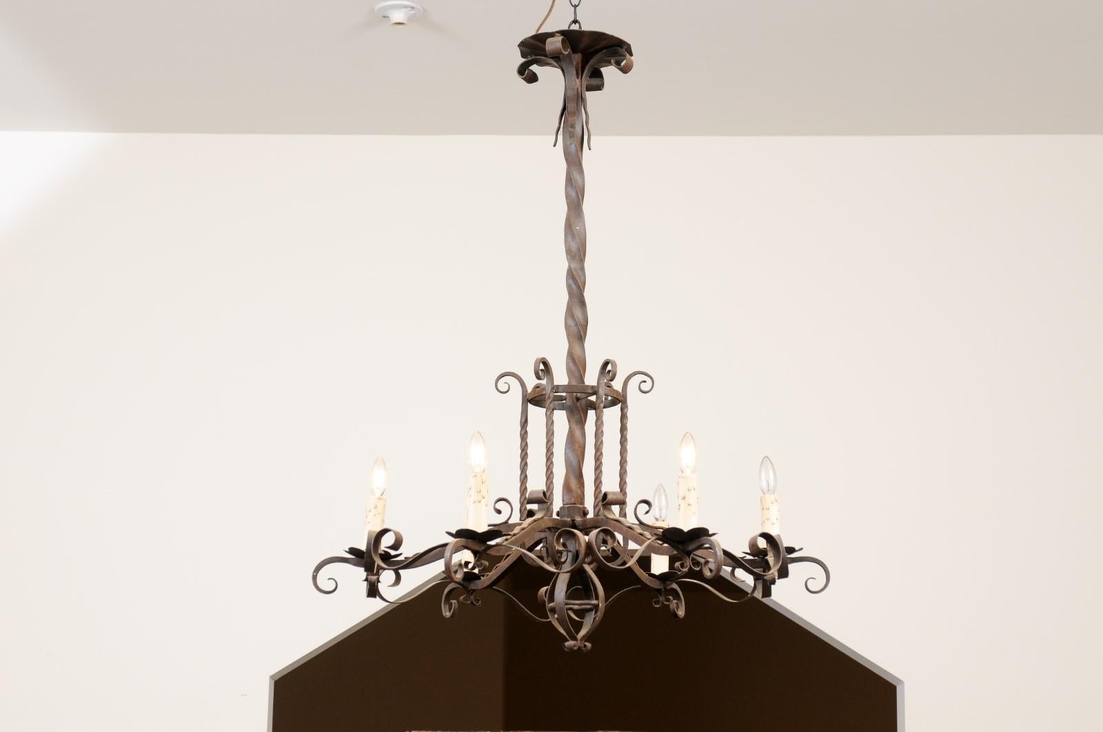 19th Century Napoléon III 1870s Six-Light Chandelier with Scrolling and Twisted Accents For Sale