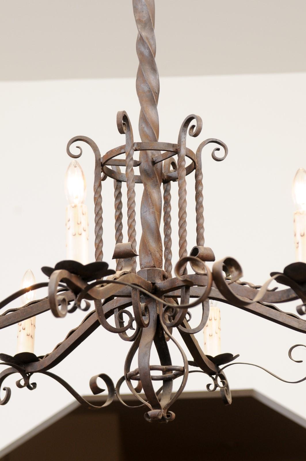 Iron Napoléon III 1870s Six-Light Chandelier with Scrolling and Twisted Accents For Sale