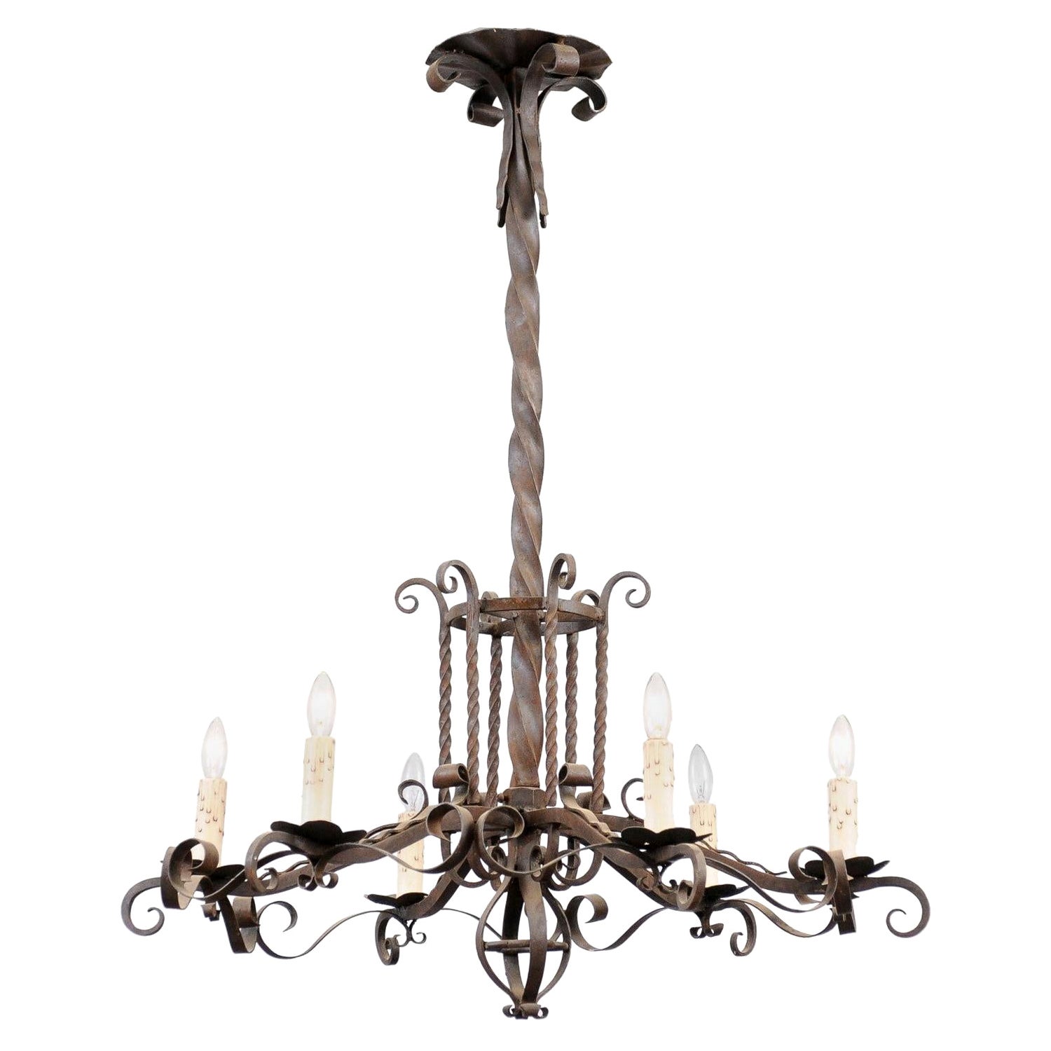 Lampadario a sei luci di Napoléon III del 1870 con accenti a spirale e torsione in vendita