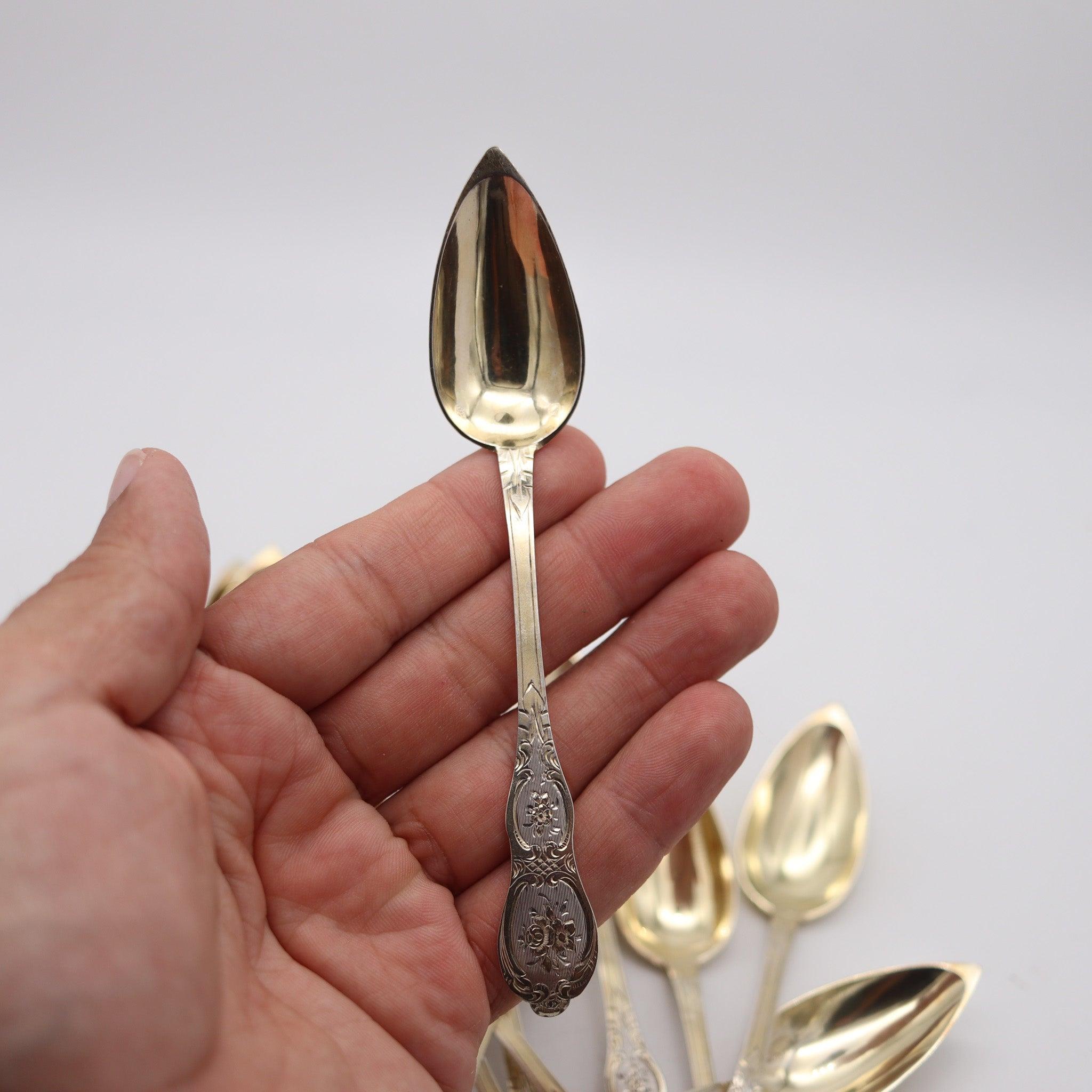 NAPOLEON III Antique 1860 French 12 Sterling Coffee Spoons Set In Fitted Ebony en venta 2