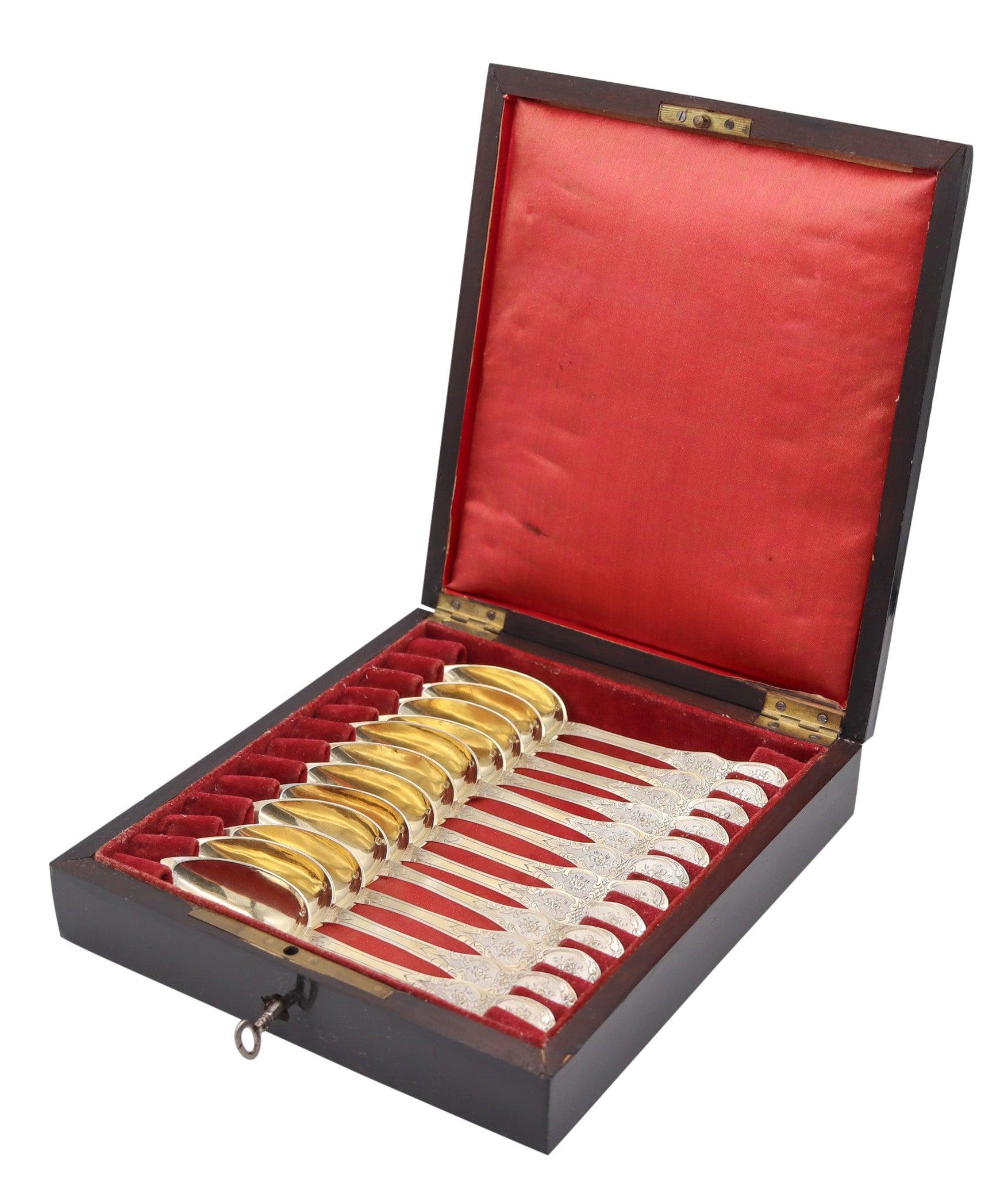 NAPOLEON III Antique 1860 French 12 Sterling Coffee Spoons Set In Fitted Ebony Napoleón III en venta