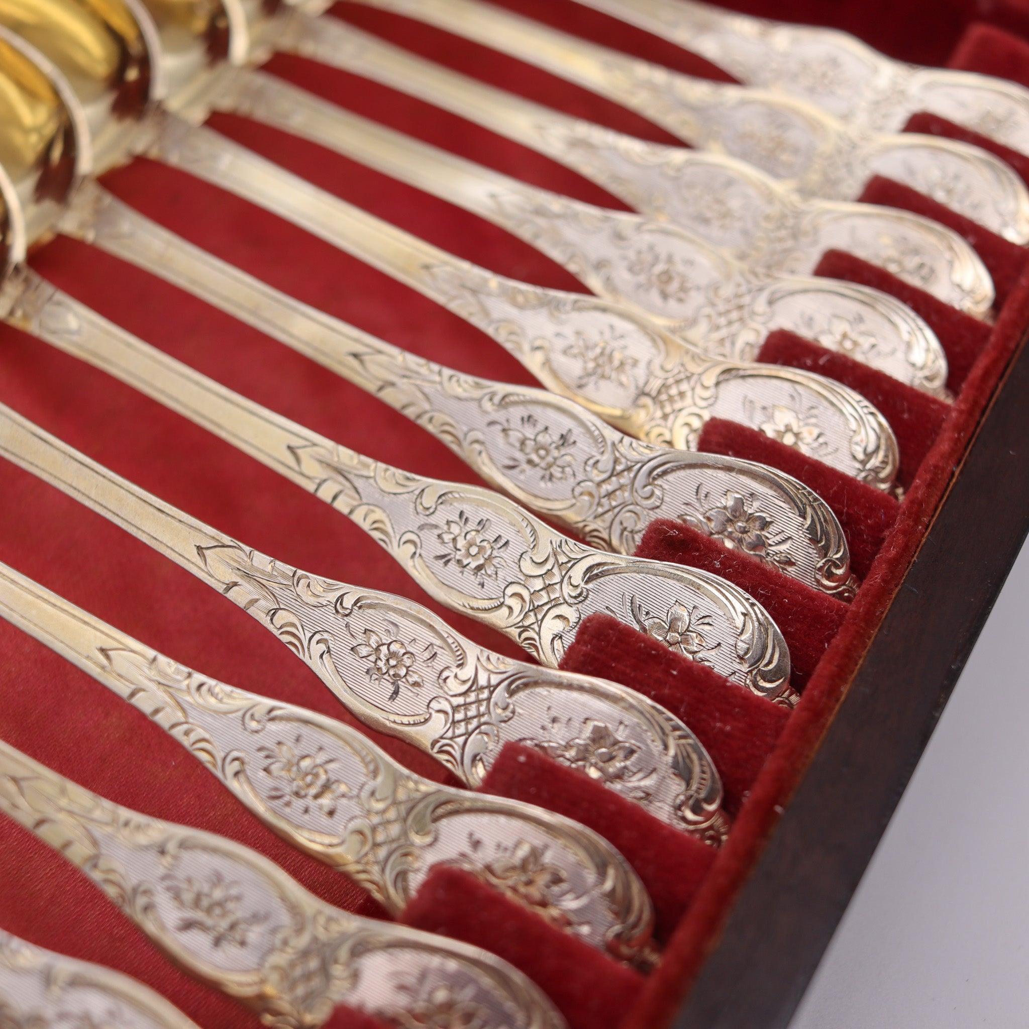 NAPOLEON III Antique 1860 French 12 Sterling Coffee Spoons Set In Fitted Ebony Francés en venta
