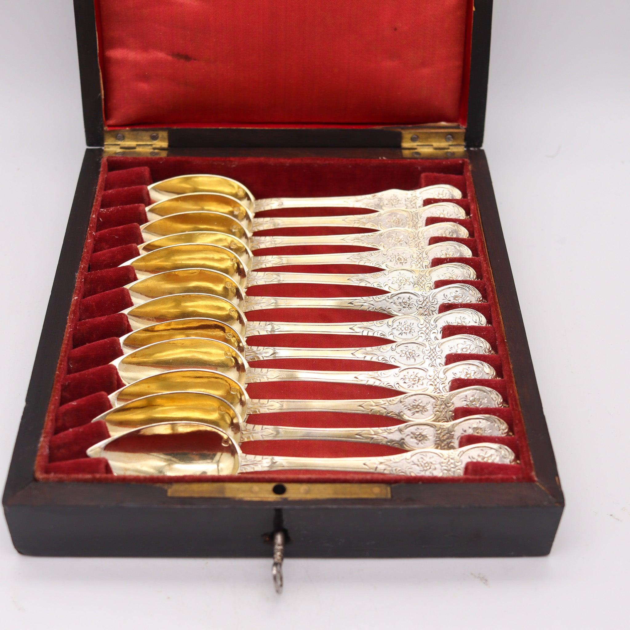 NAPOLEON III Antique 1860 French 12 Sterling Coffee Spoons Set In Fitted Ebony Ebonizado en venta