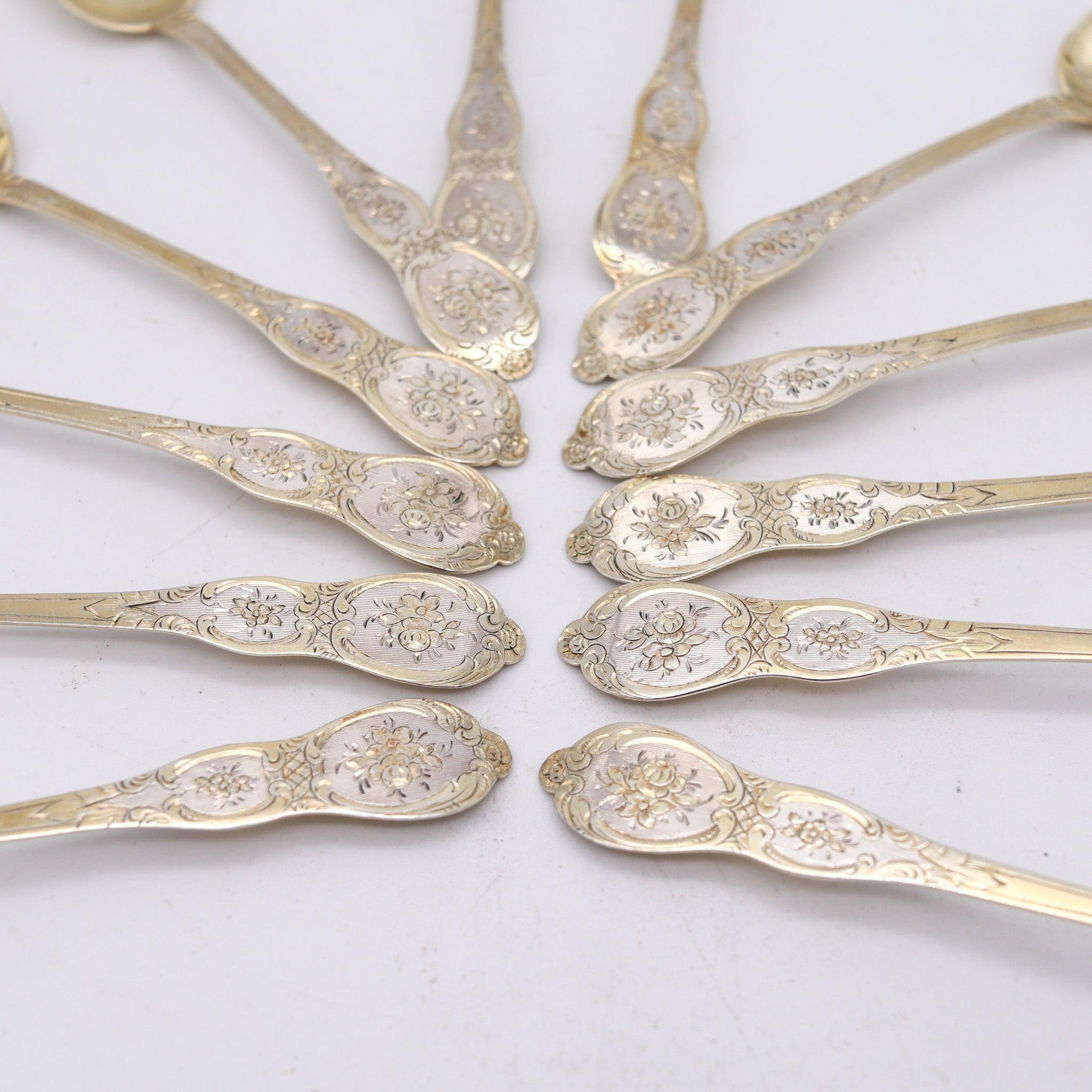 NAPOLEON III Antique 1860 French 12 Sterling Coffee Spoons Set In Fitted Ebony Mediados del siglo XIX en venta