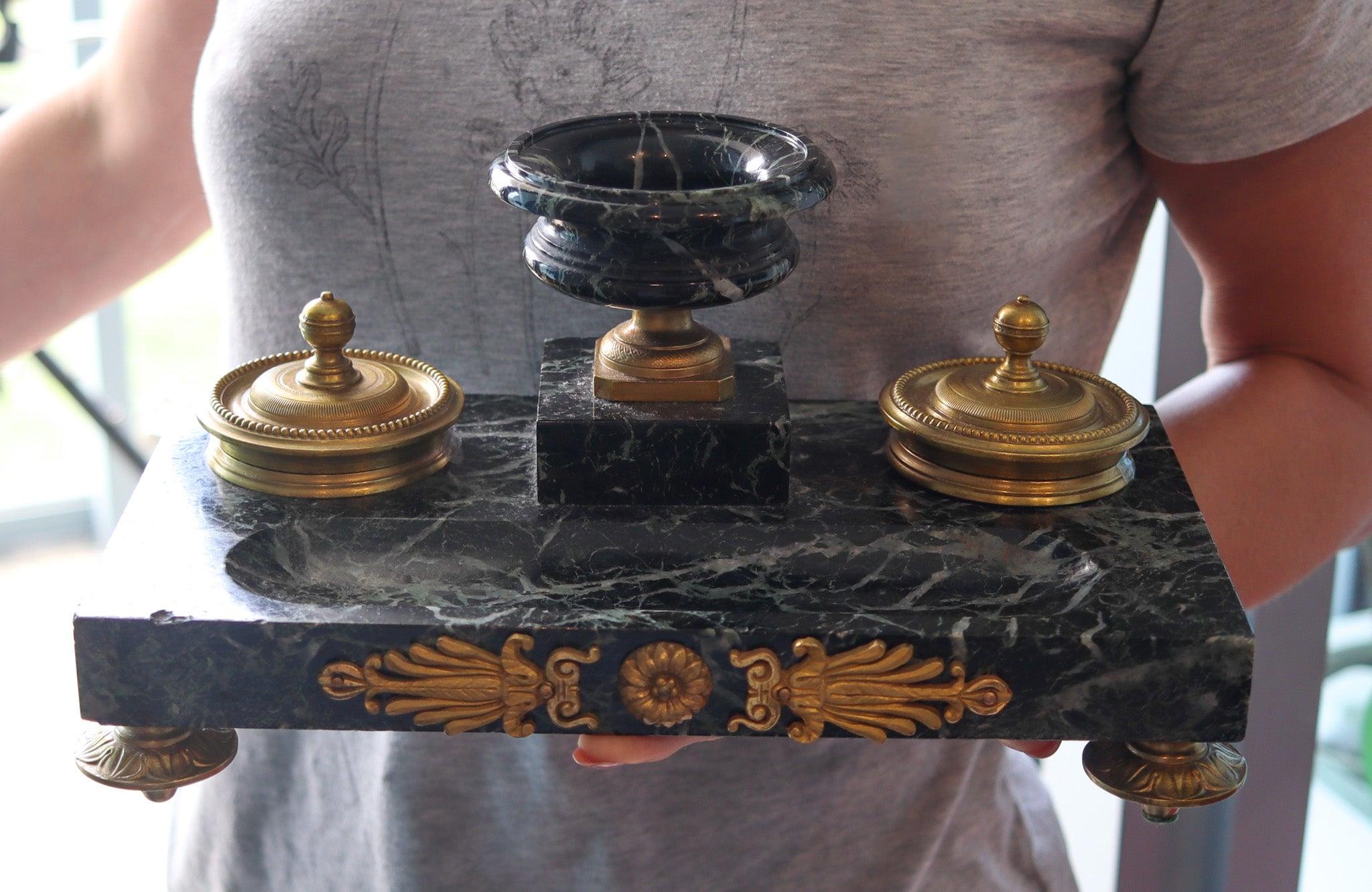 NAPOLEON III Antique 1870 French Desk Tray Set In Gray Marble And Gilt Ormolu For Sale 6