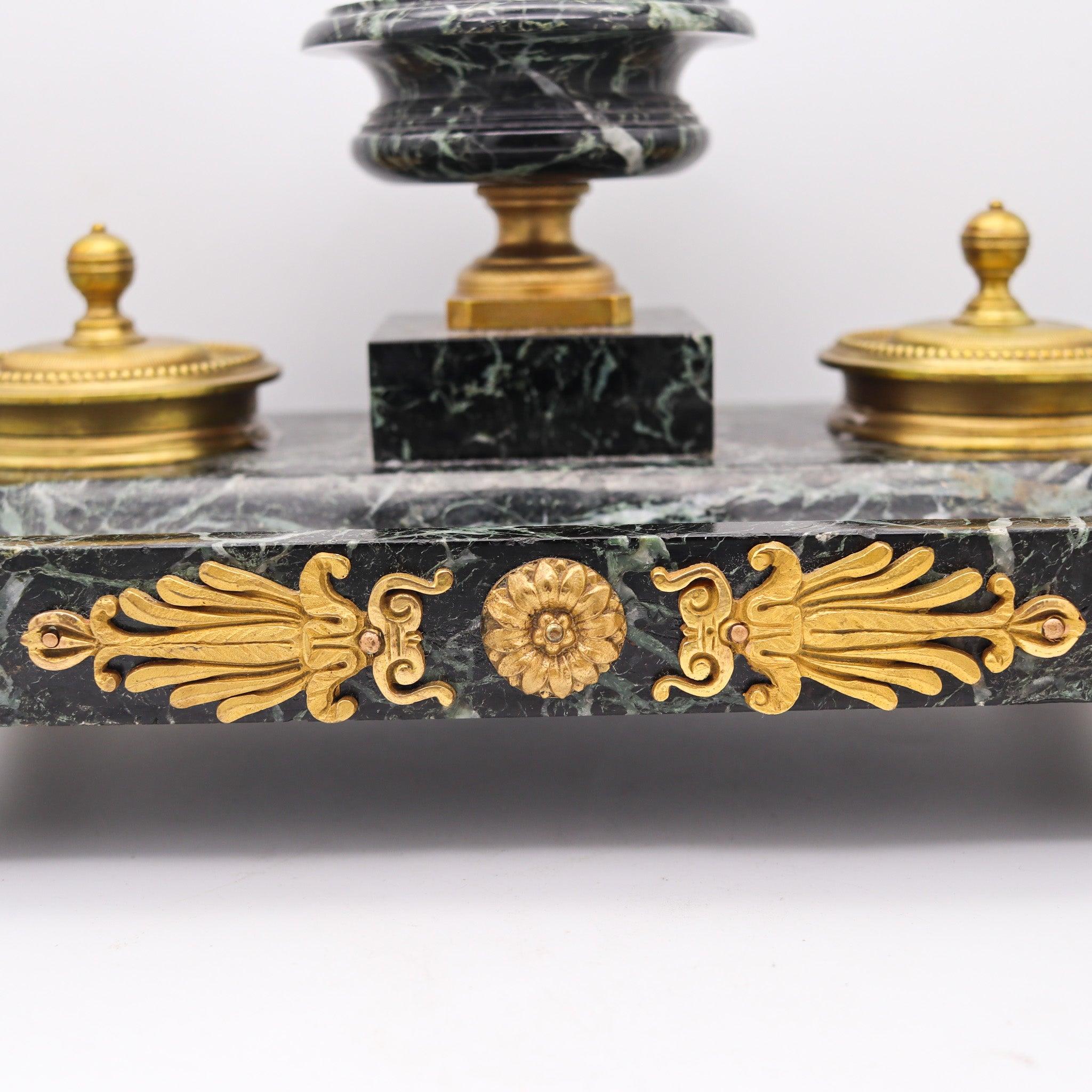 Bronze NAPOLEON III Antique 1870 French Desk Tray Set In Gray Marble And Gilt Ormolu For Sale