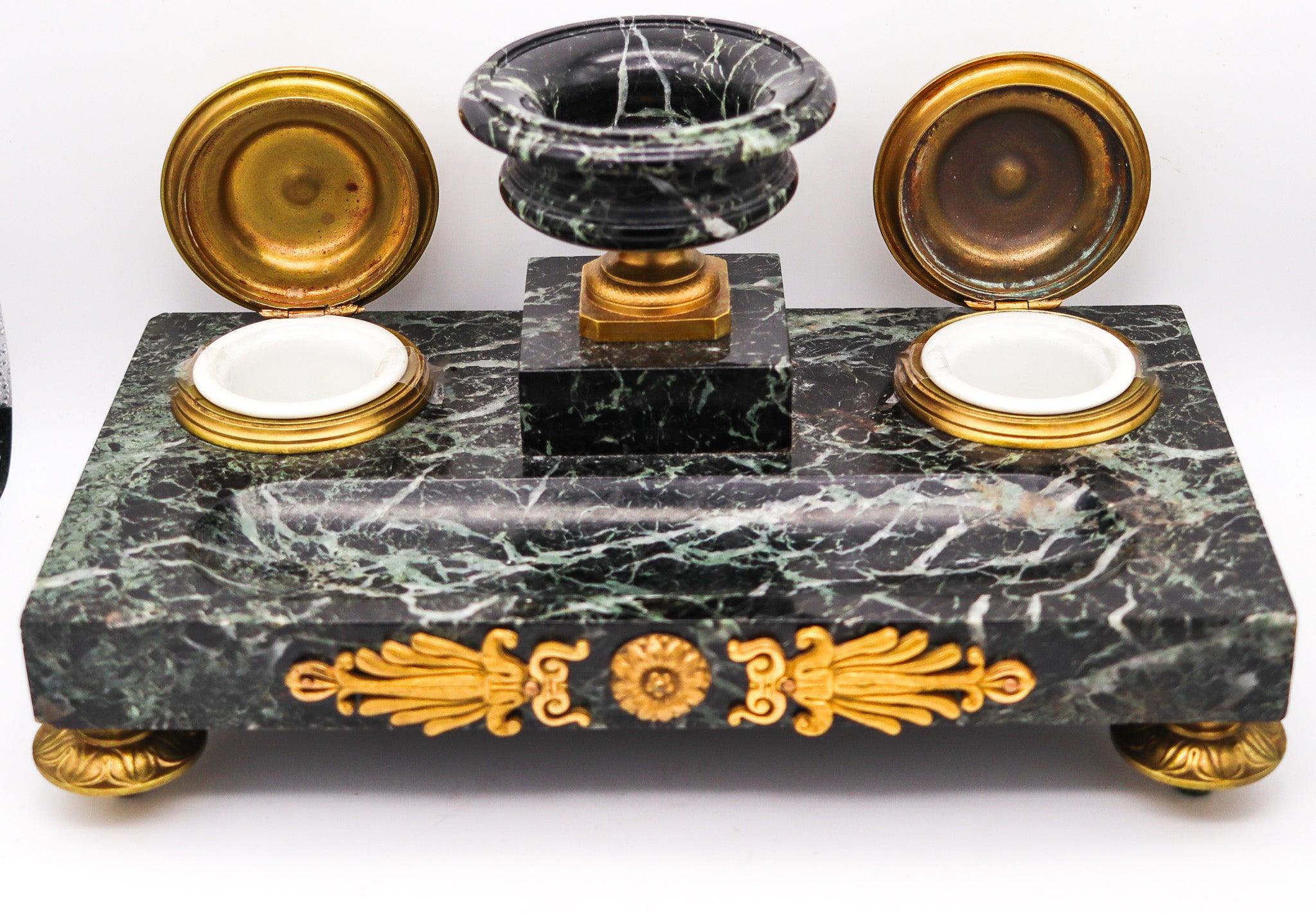 NAPOLEON III Antique 1870 French Desk Tray Set In Gray Marble And Gilt Ormolu For Sale 1