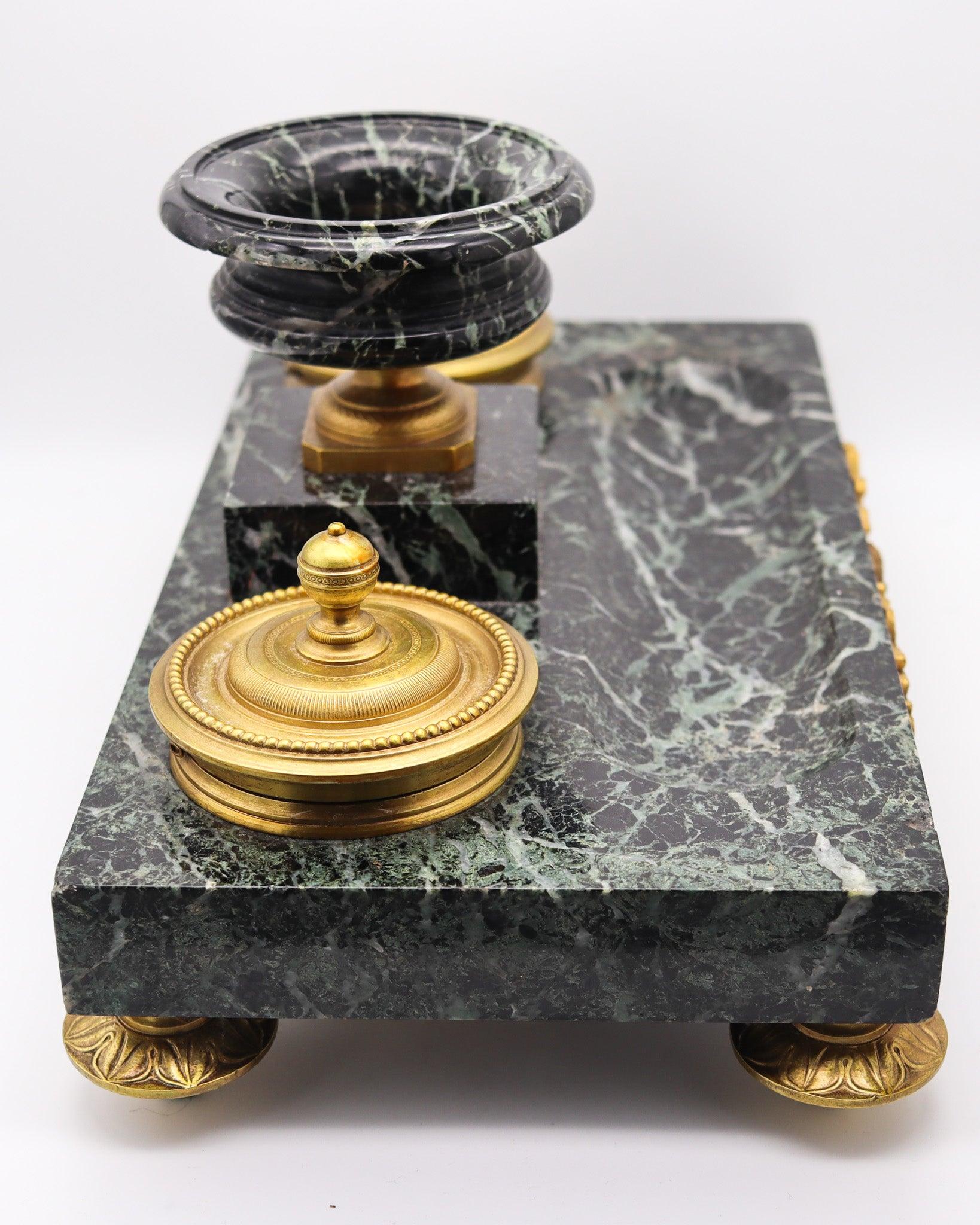 NAPOLEON III Antique 1870 French Desk Tray Set In Gray Marble And Gilt Ormolu For Sale 2