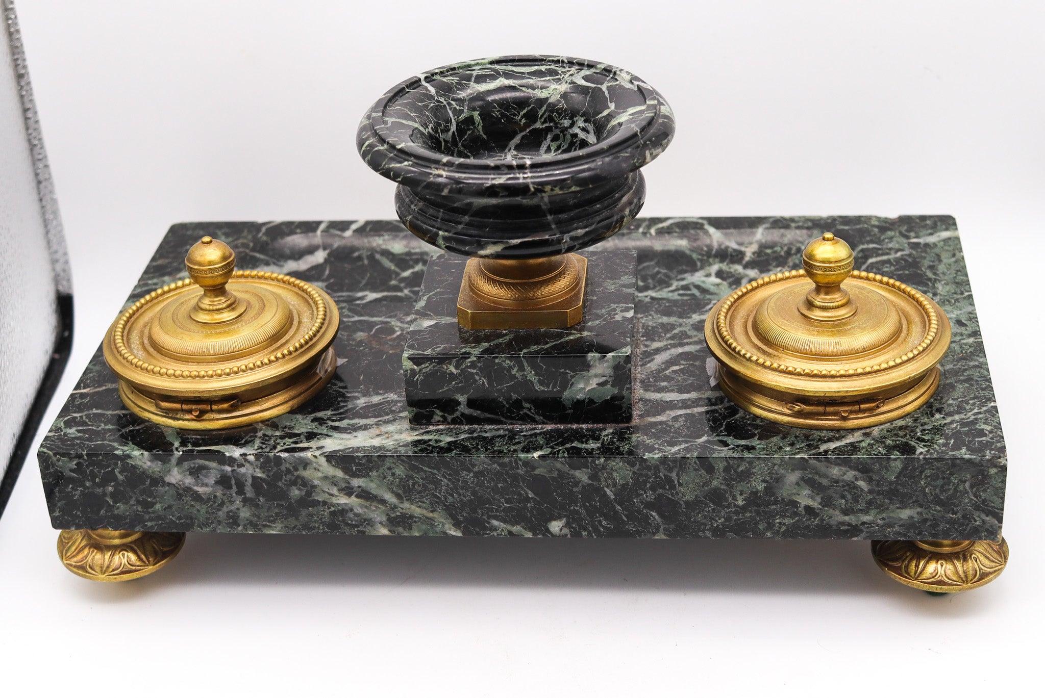 NAPOLEON III Antique 1870 French Desk Tray Set In Gray Marble And Gilt Ormolu For Sale 3