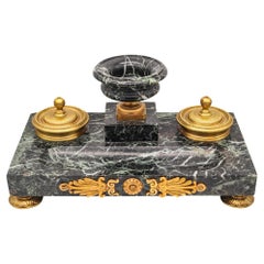 NAPOLEON III Antique 1870 French Desk Tray Set In Gray Marble And Gilt Ormolu