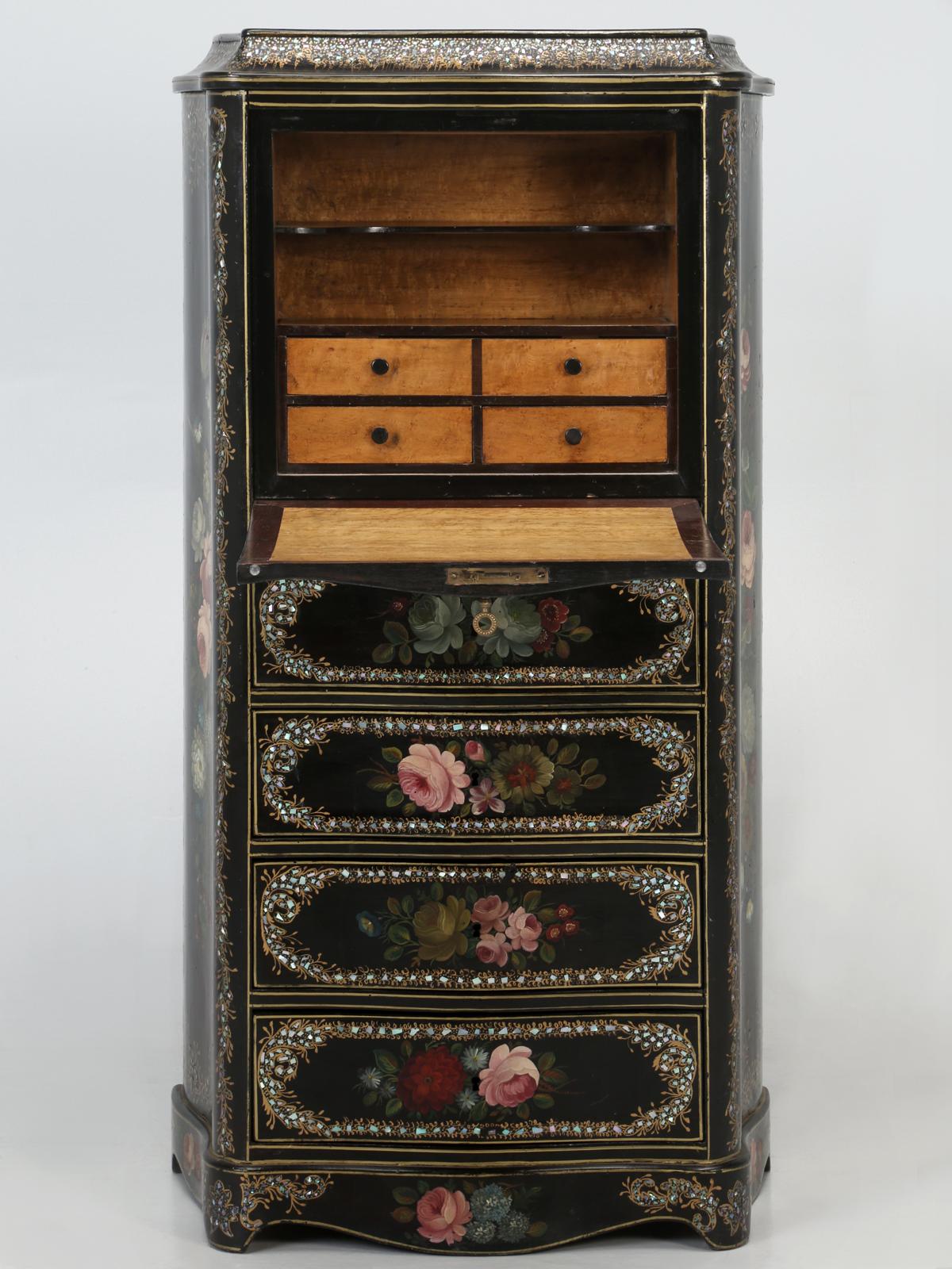 Napoleon III Antique French Secretary in Black Lacquer and Mother of Pearl Inlay 11